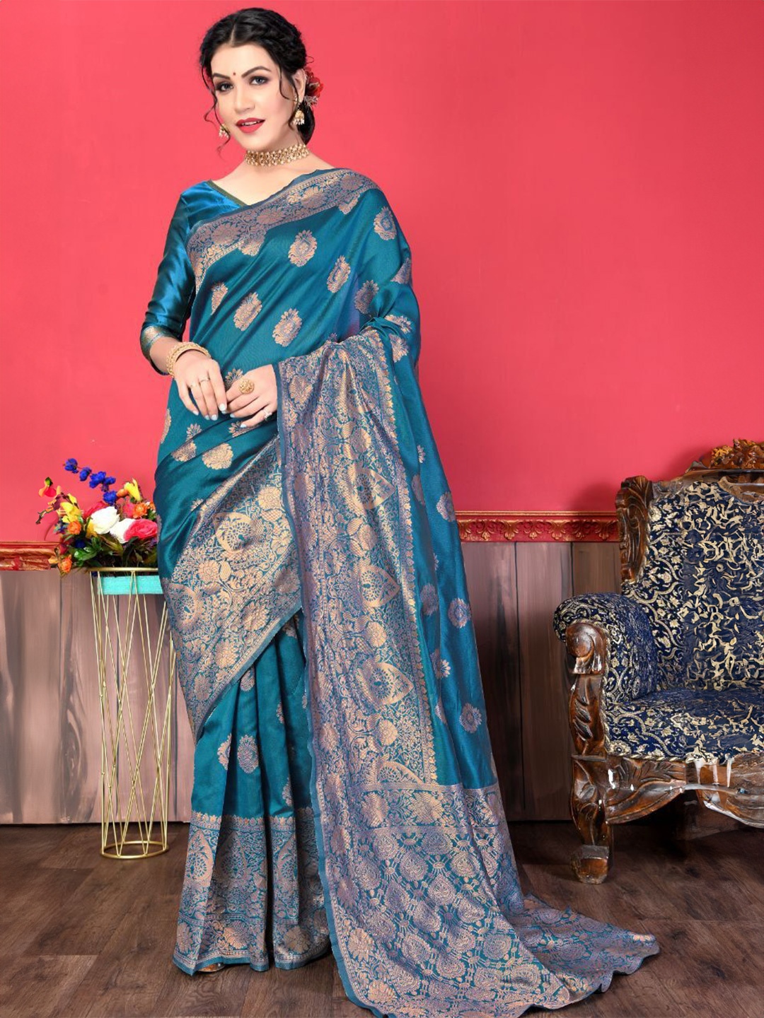 

Jinax Woven Design Zari Pure Silk Banarasi Saree, Teal