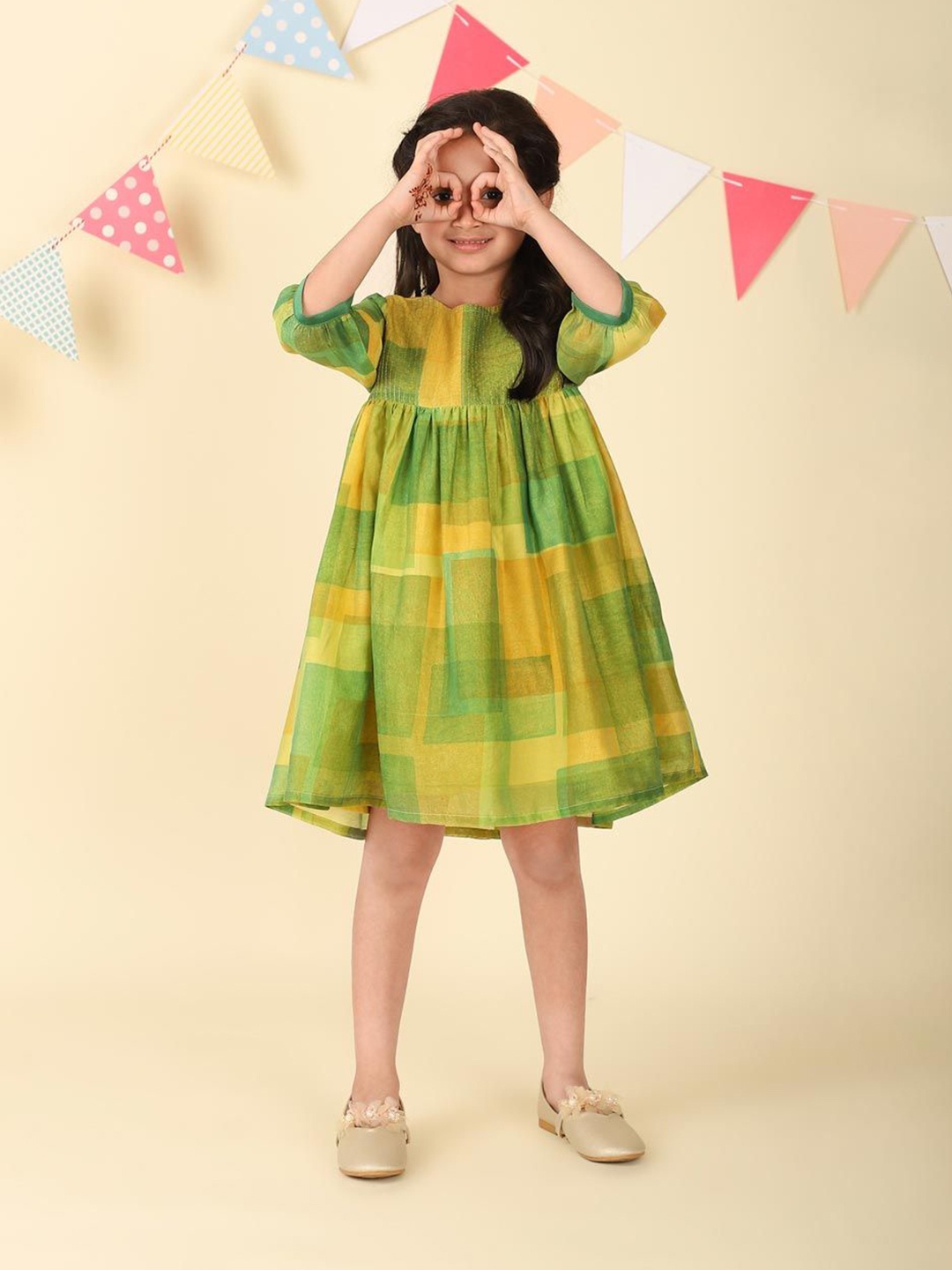

Fabindia Ethnic Motifs Print Bell Sleeve A-Line Dress, Green
