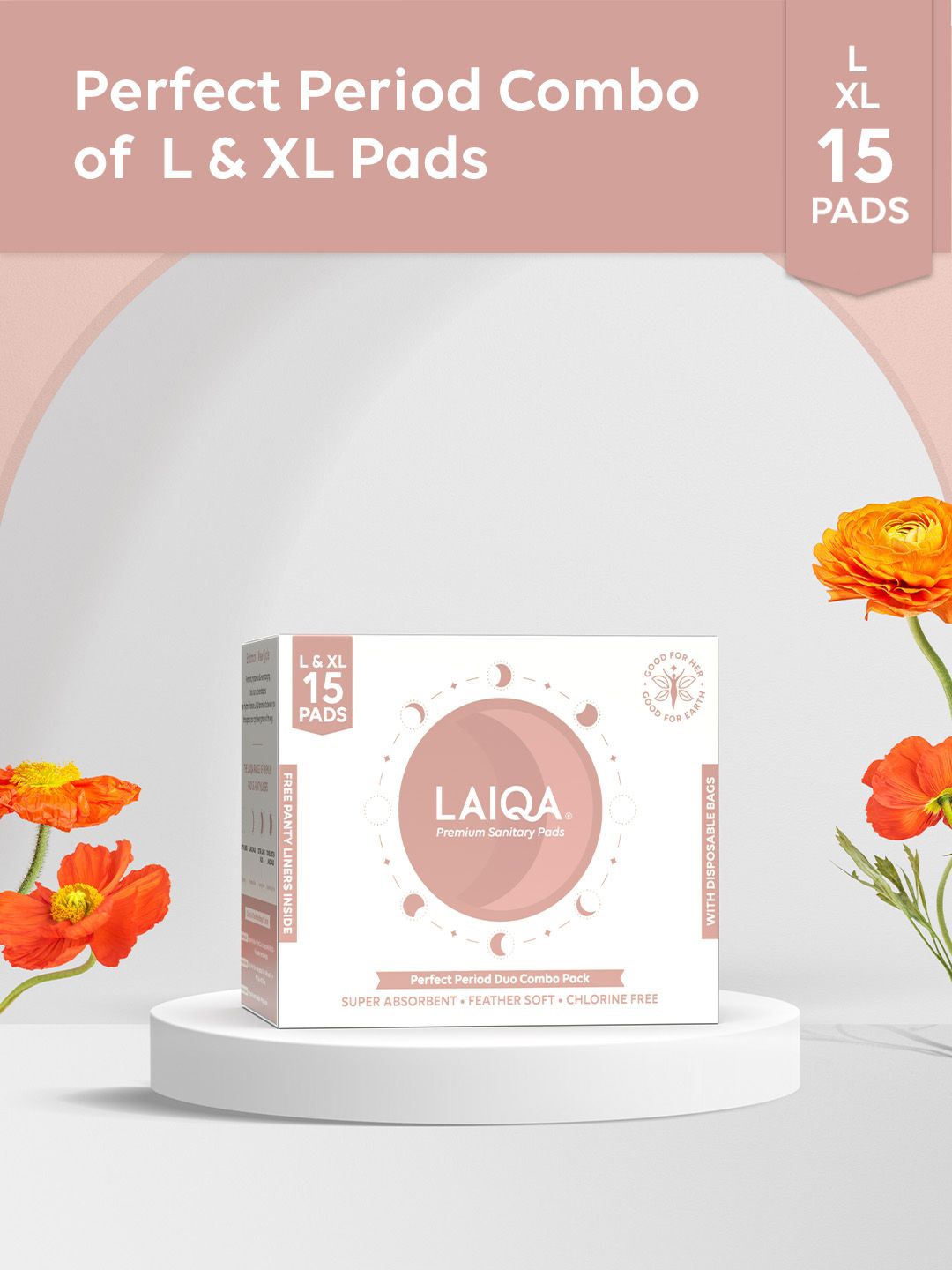 

LAIQA Rash-Free Comfort Sanitary Pads With Disposable Bag - L & XL- 15 -Pads, White