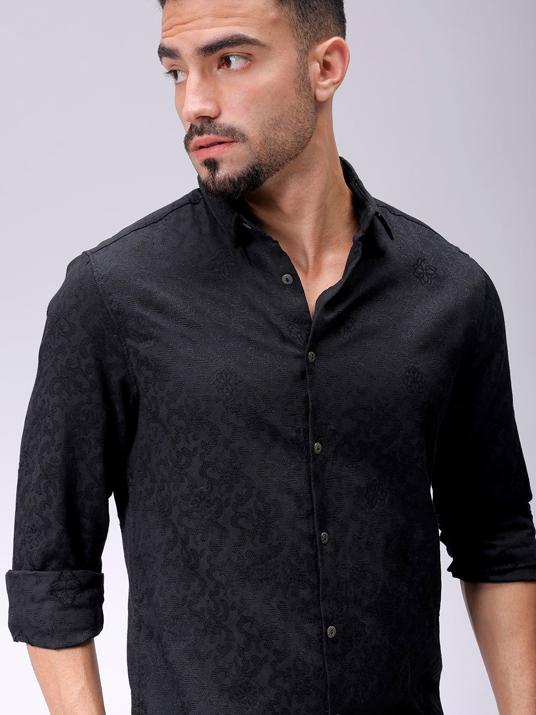 

The Indian Garage Co Men Regular Fit Dobby Textured Resortwear Shirt, Black