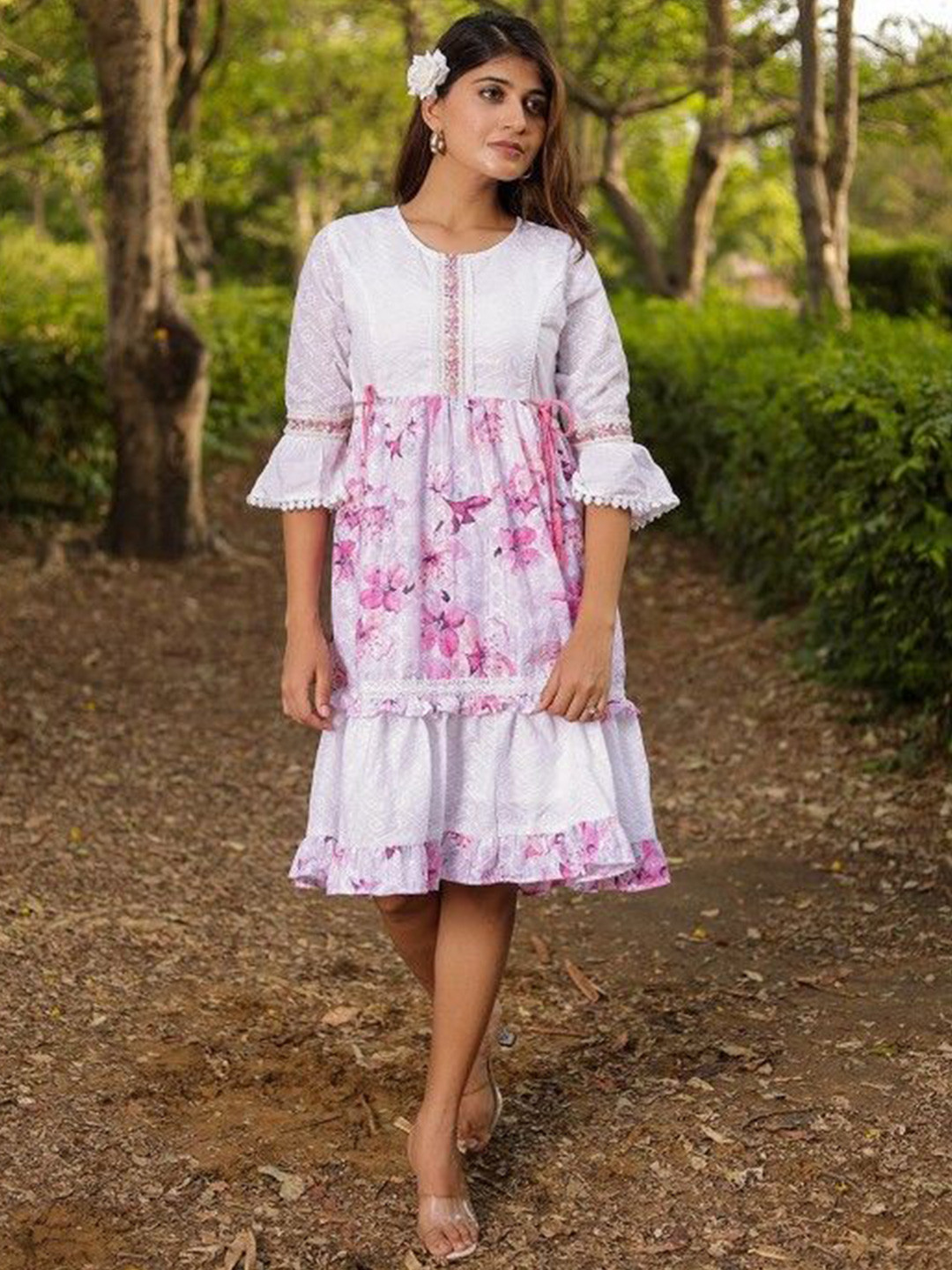 

Chandbaali Floral Print Fit & Flare Dress, White