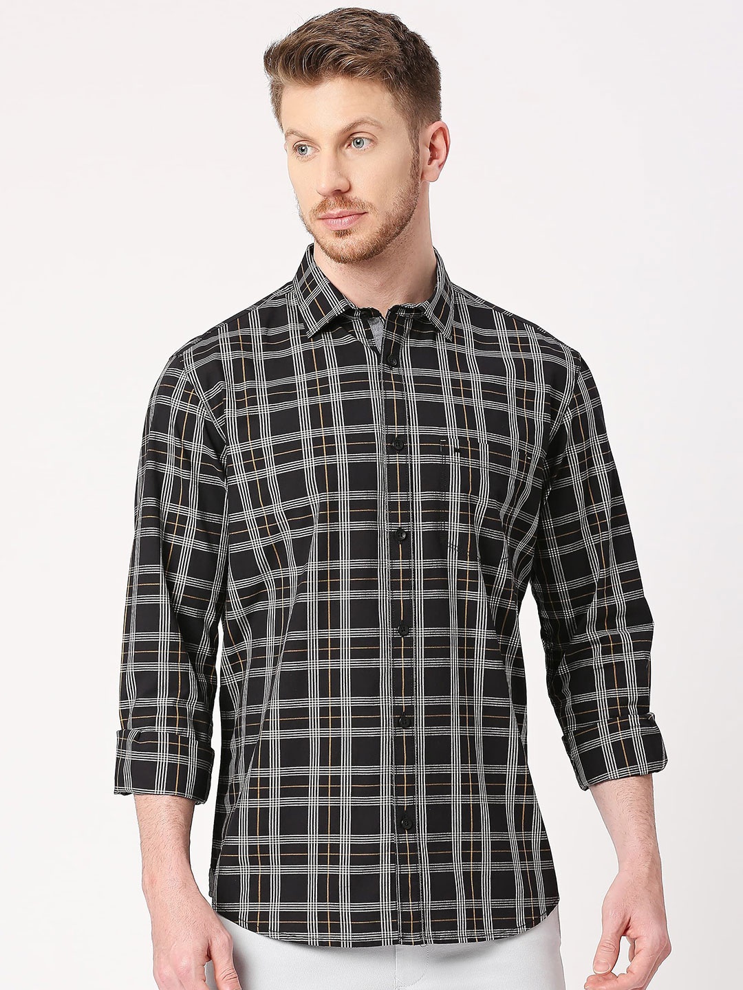 

Basics Men Slim Fit Tartan Checks Opaque Checked Casual Shirt, Black