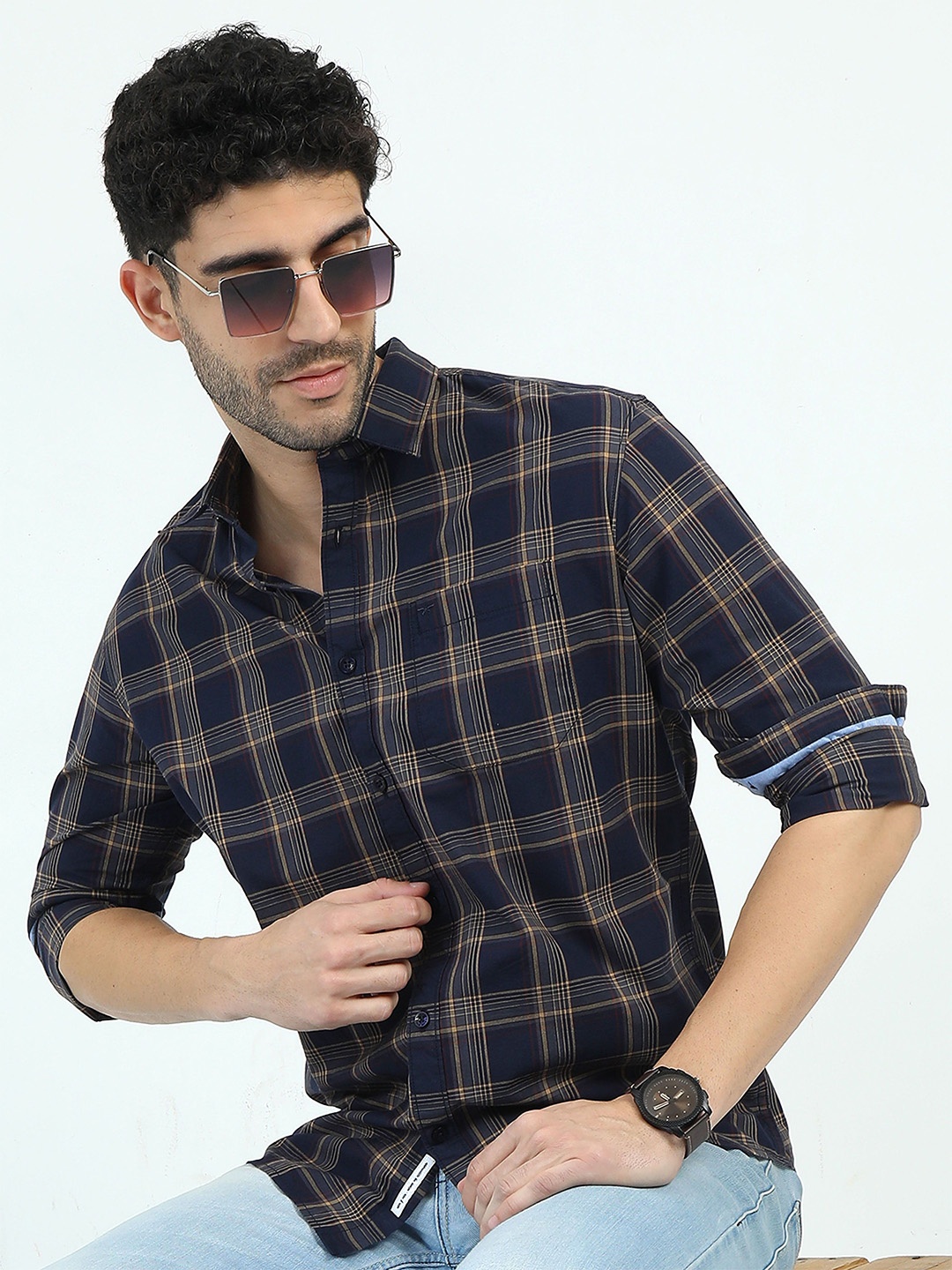 

RIGS AND RAGS Men Classic Tartan Checks Opaque Checked Casual Shirt, Navy blue