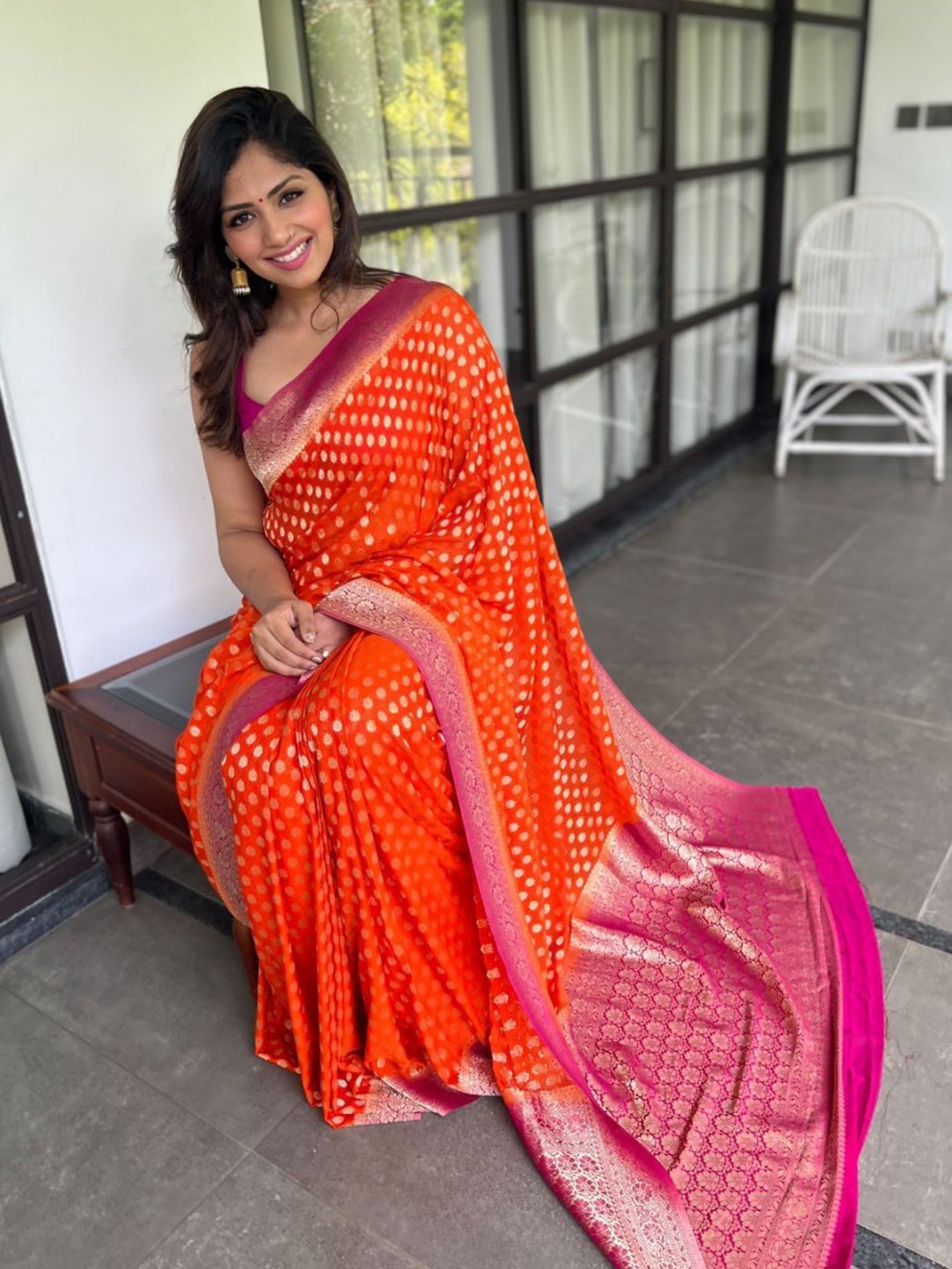 

Wuxi Woven Design Pure Silk Banarasi Saree, Orange