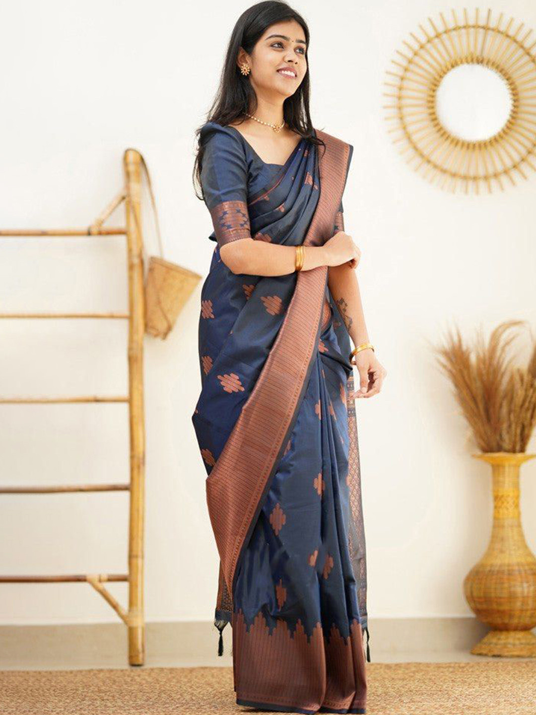 

Wuxi Ethnic Motifs Woven Design Zari Pure Silk Banarasi Saree, Blue