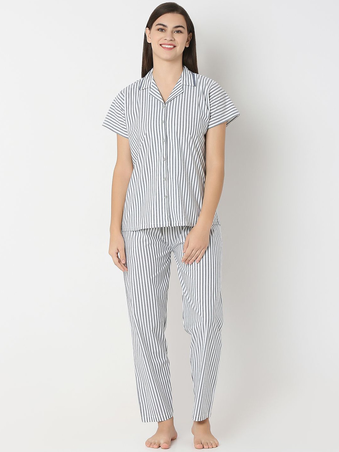 

Juliet Women Striped Pure Cotton Night suit, Grey