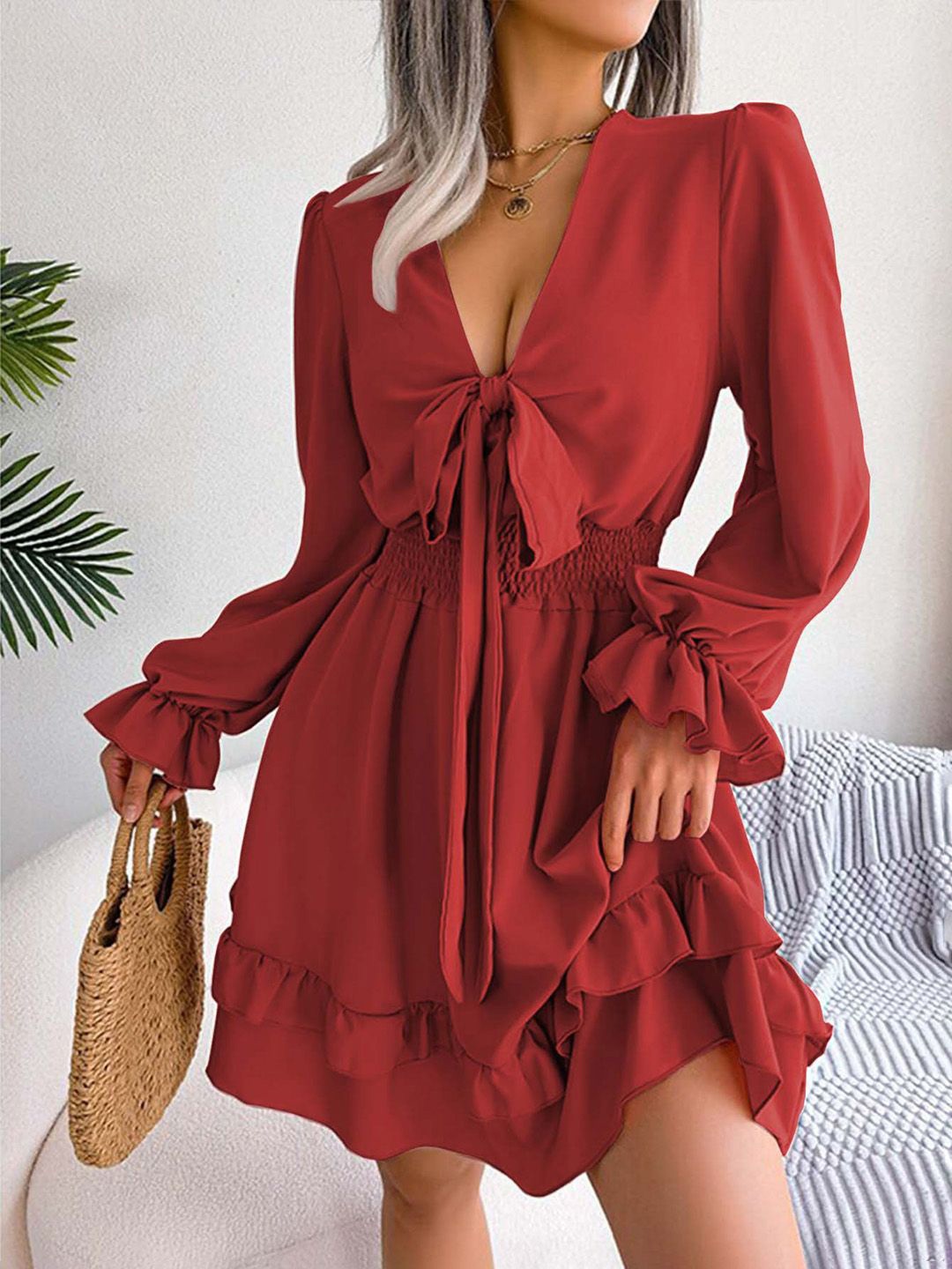 

JC Mode Women V-Neck Bell Sleeves Above Knee Fit & Flare Dress, Red