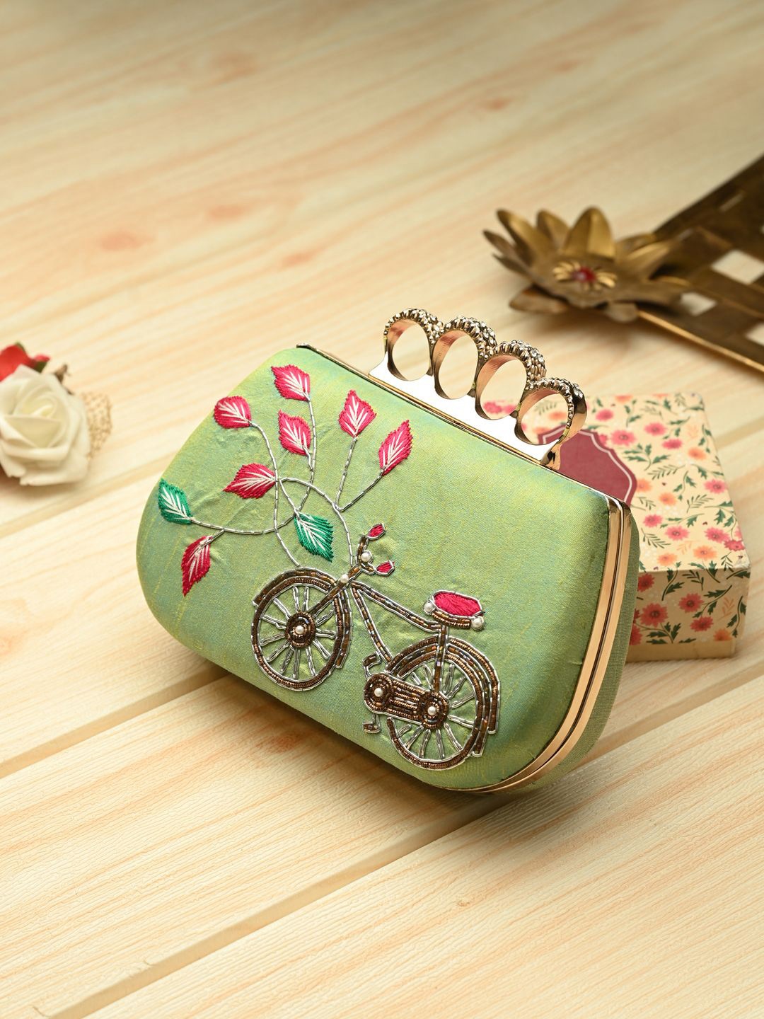 

Toobacraft Embellished Box Clutch, Green
