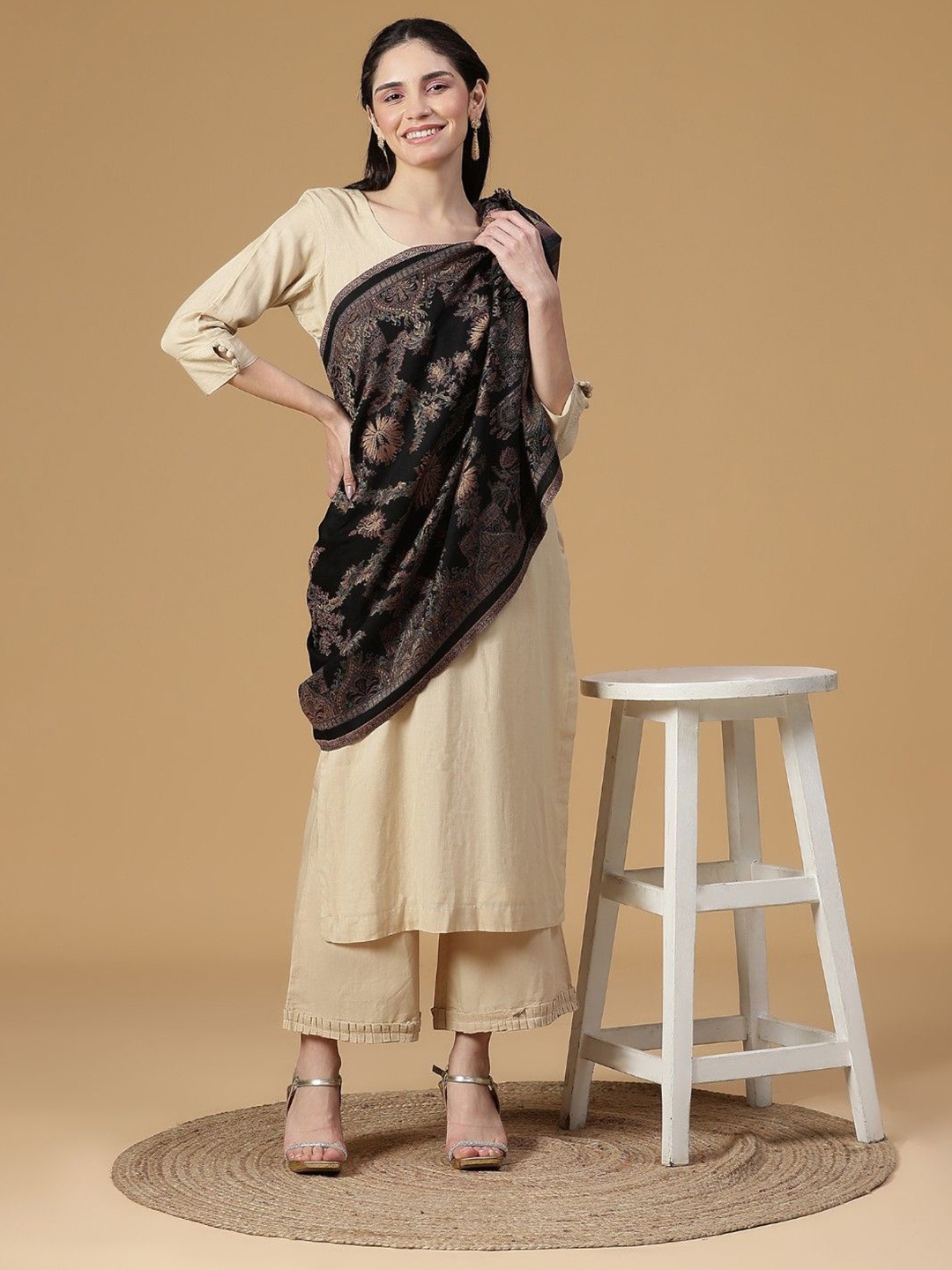 

SHINGORA Women Woven Design Stole, Black