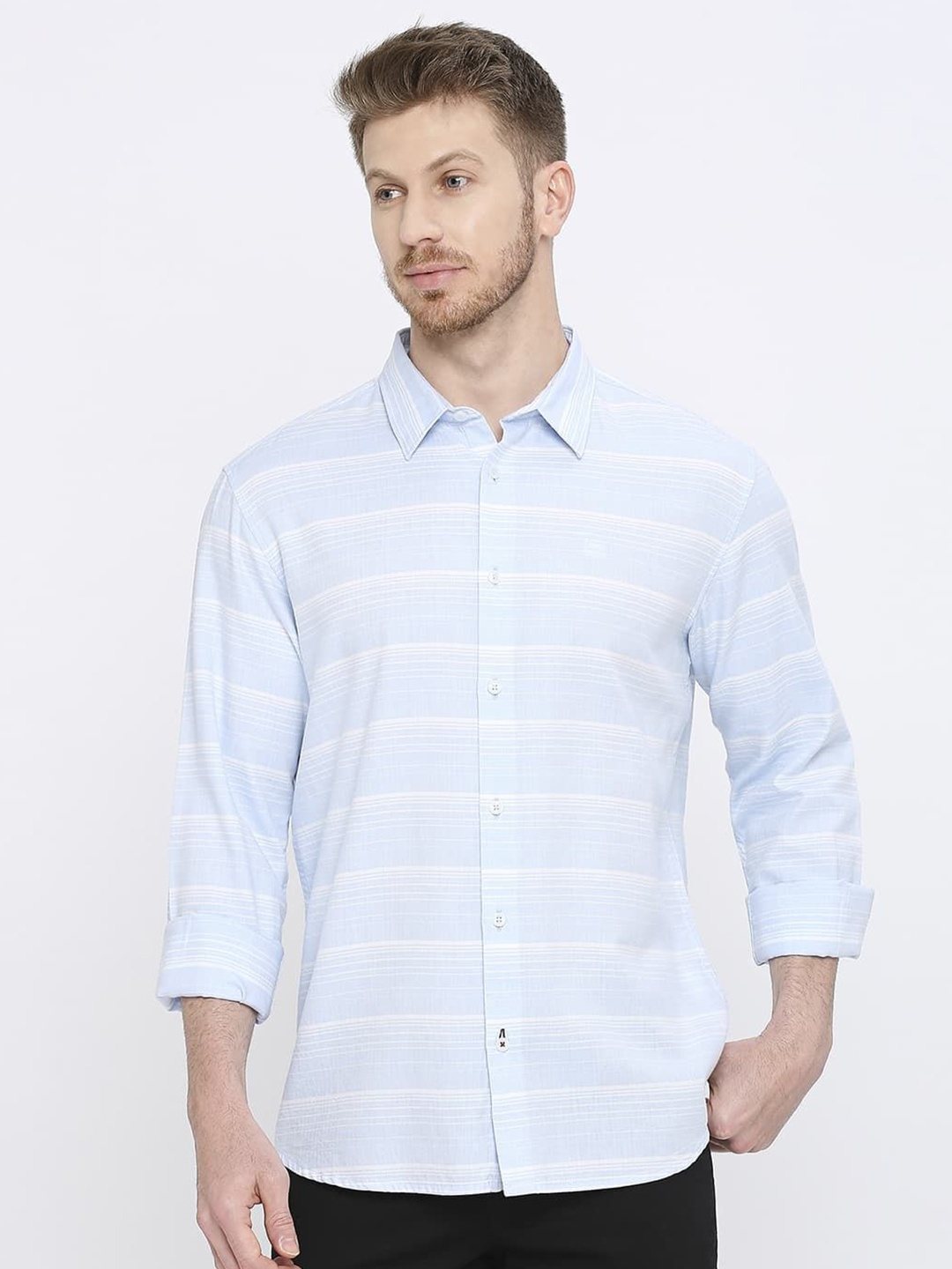 

Basics Men Slim Fit Horizontal Stripes Opaque Striped Casual Shirt, Blue