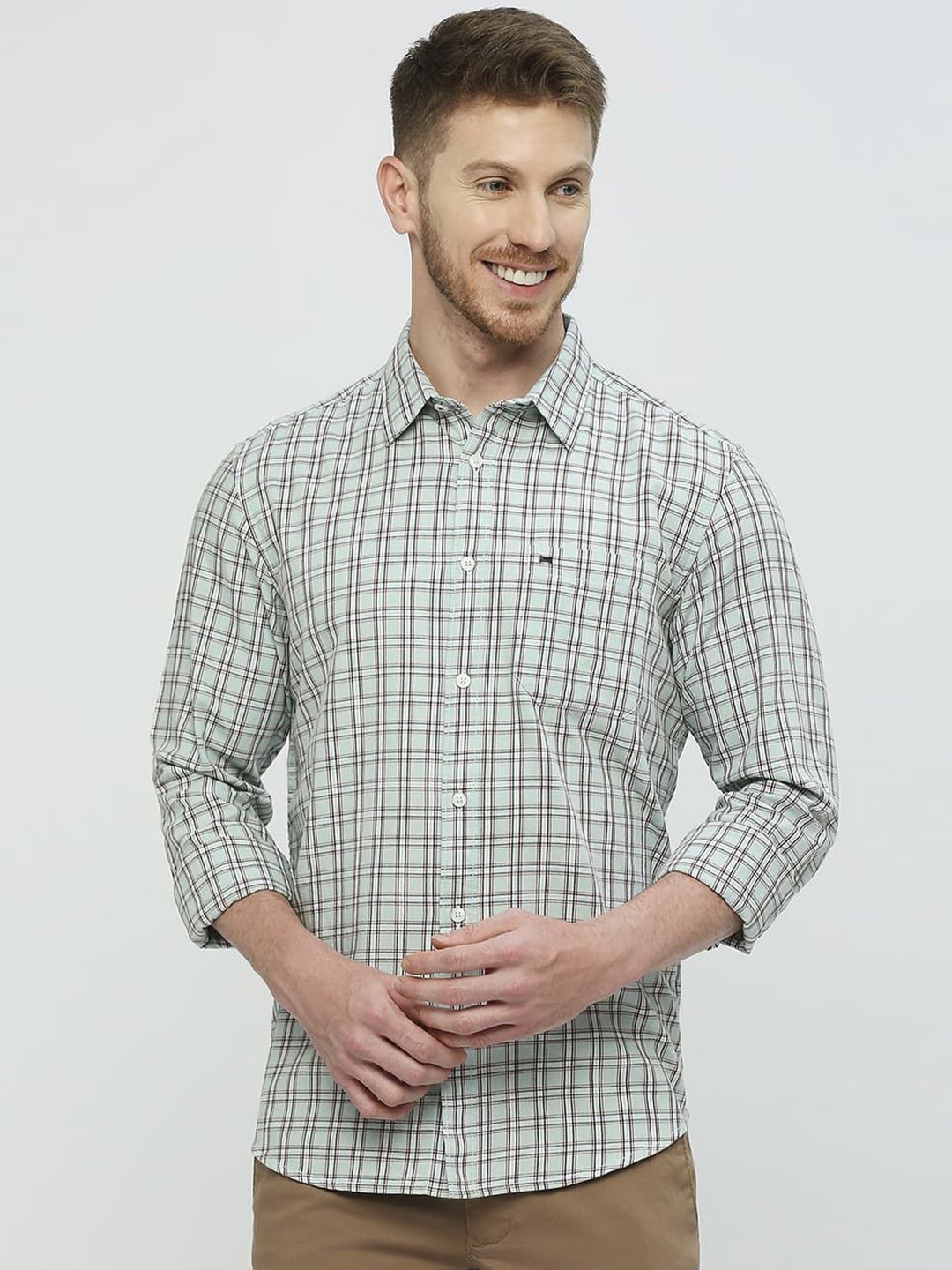 

Basics Men Slim Fit Shepherd Checks Opaque Checked Casual Shirt, Green