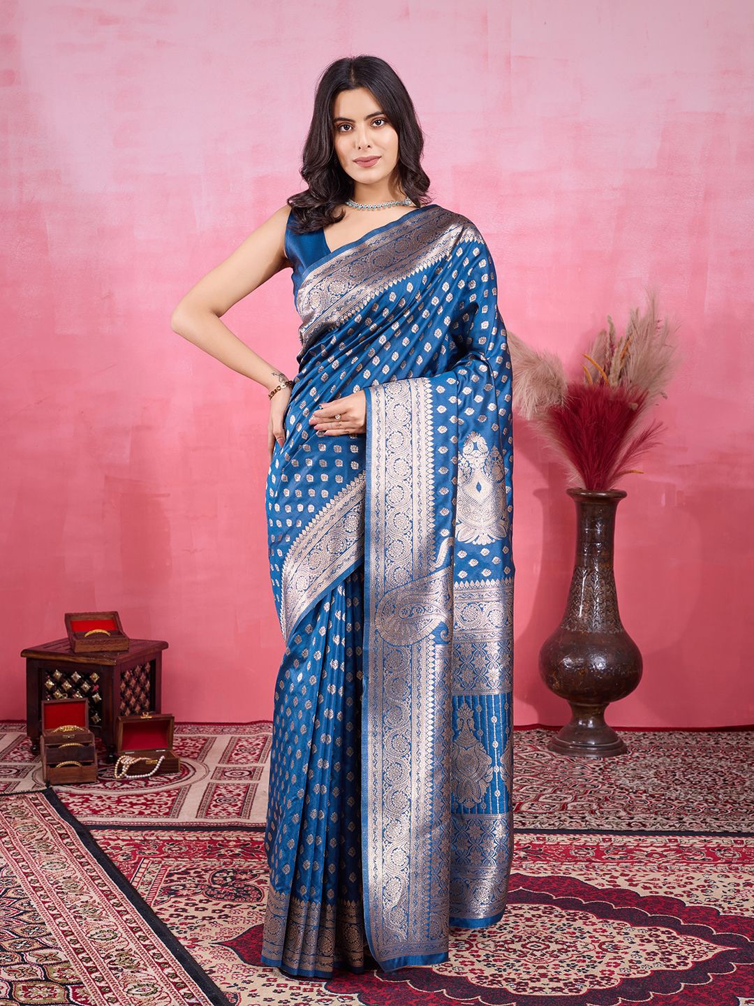 

KALINI Ethnic Motifs Zari Pure Silk Handloom Banarasi Saree, Blue