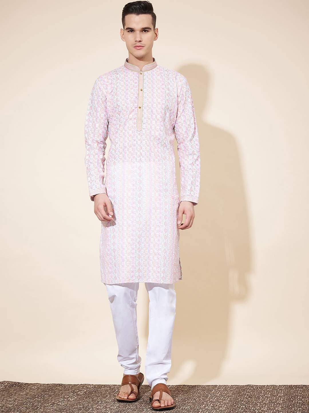 

OUTLUK Men Regular Chikankari Kurta with Trousers, Pink