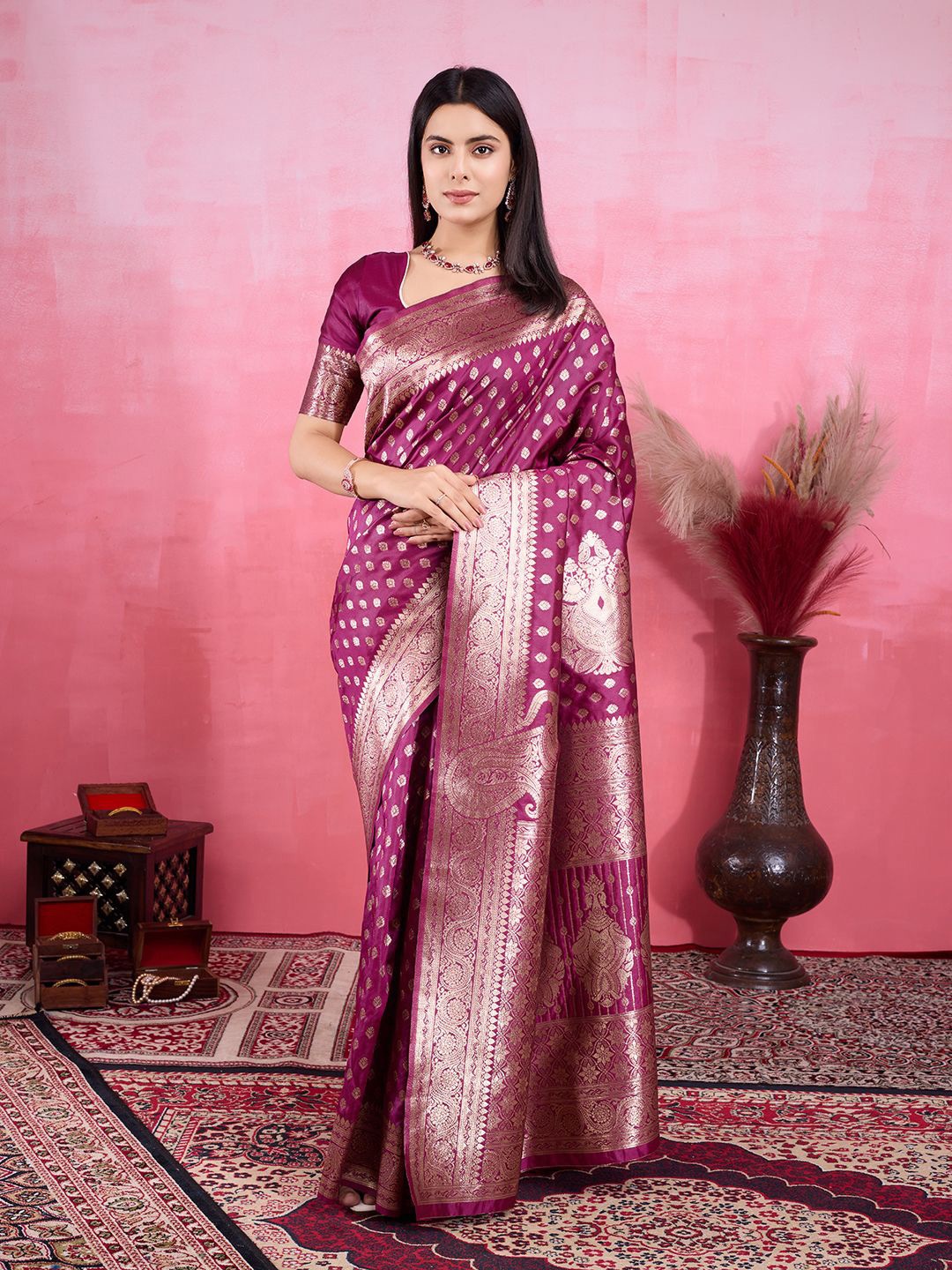

KALINI Ethnic Motifs Zari Pure Silk Banarasi Saree, Purple