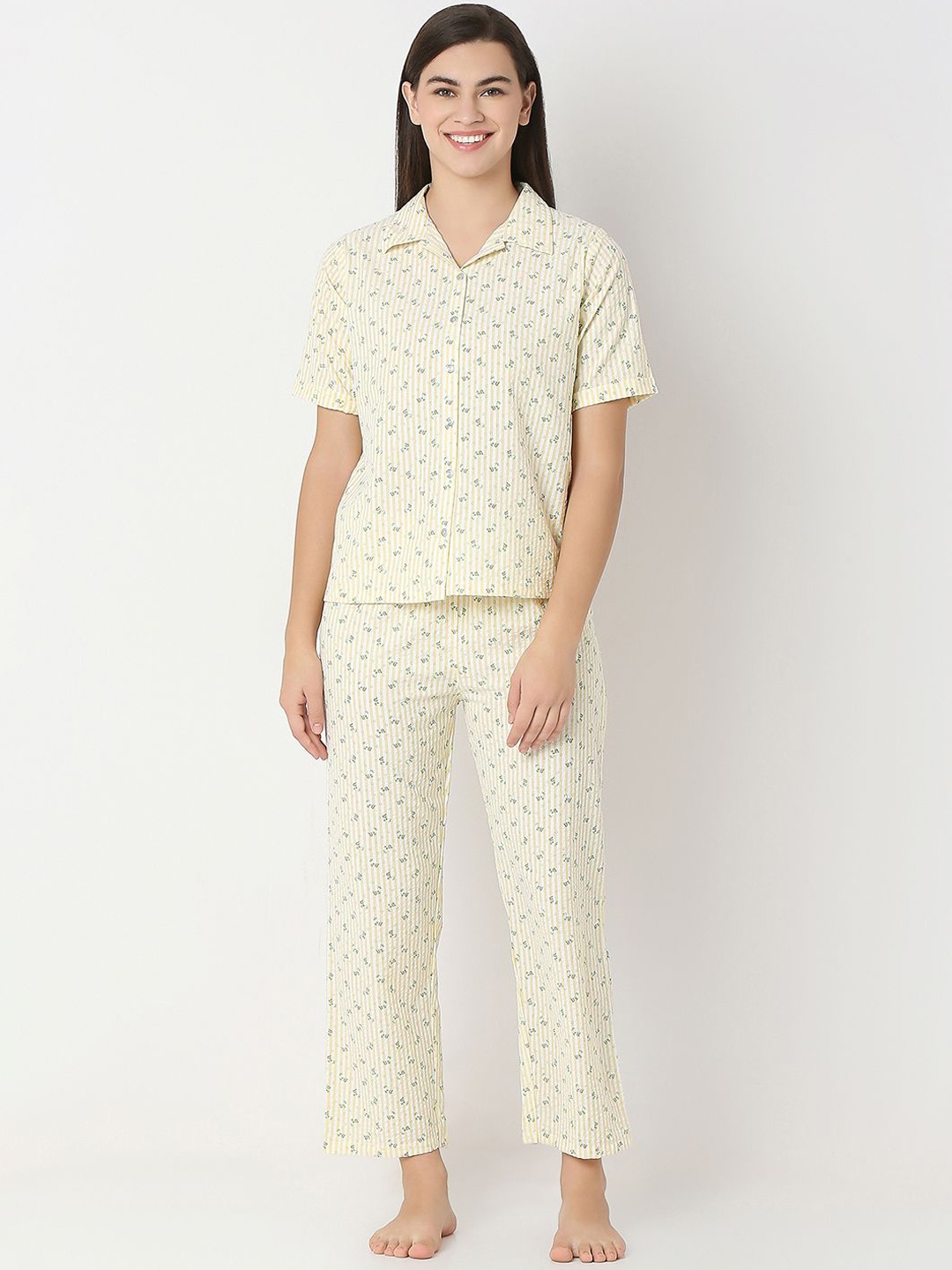 

Juliet Women Striped Printed Night suit, Yellow
