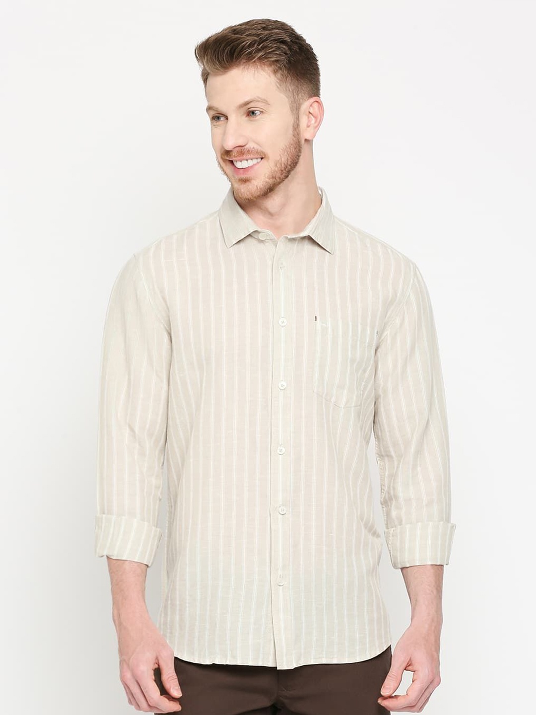 

Basics Men Slim Fit Opaque Striped Casual Shirt, Beige
