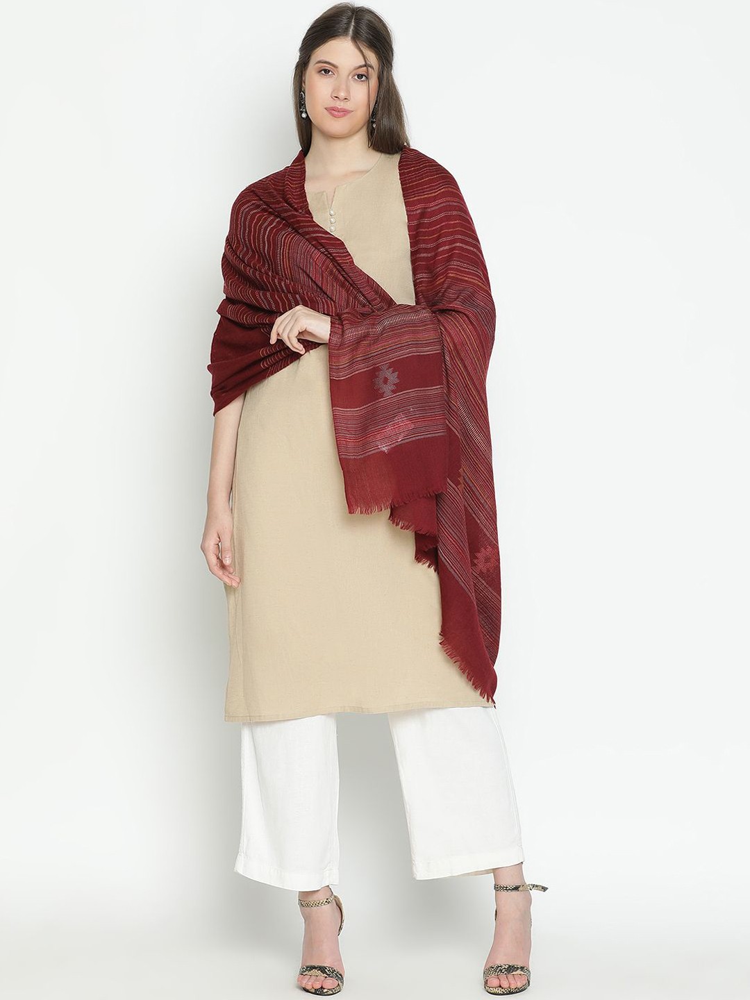 

SHINGORA Women Striped Woven Design Shawl, Maroon