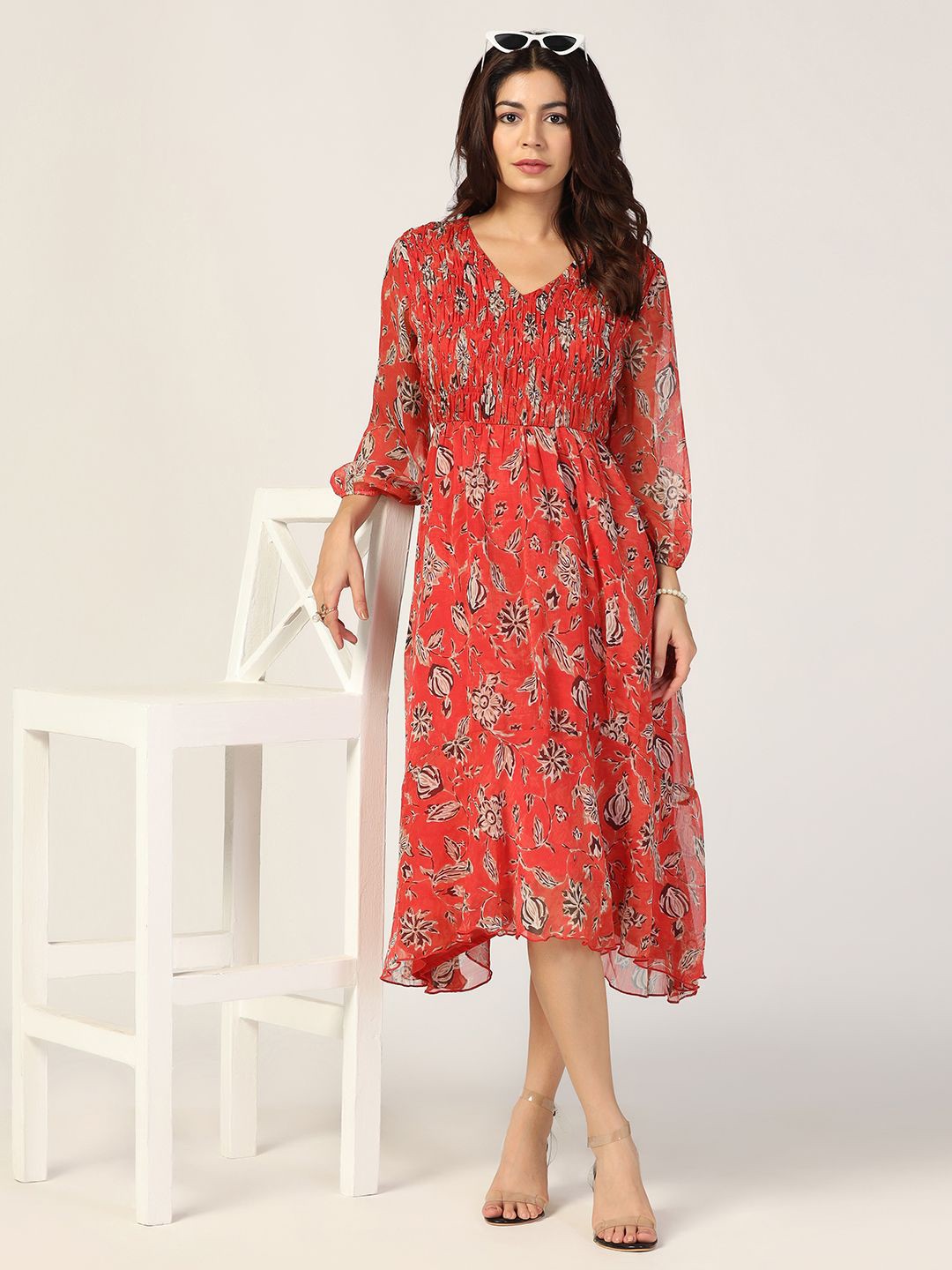 

Mustard Floral Printed Puff Sleeve Chiffon Fit and Flare Midi Dress, Red