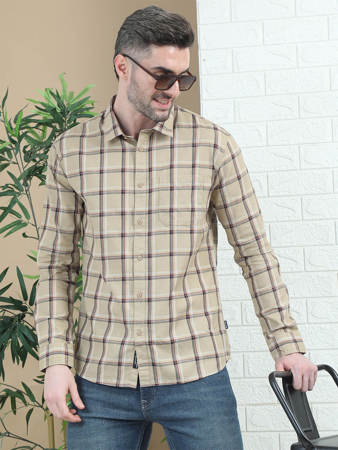 

RIGS AND RAGS Men Classic Tartan Checks Opaque Checked Casual Shirt, Beige