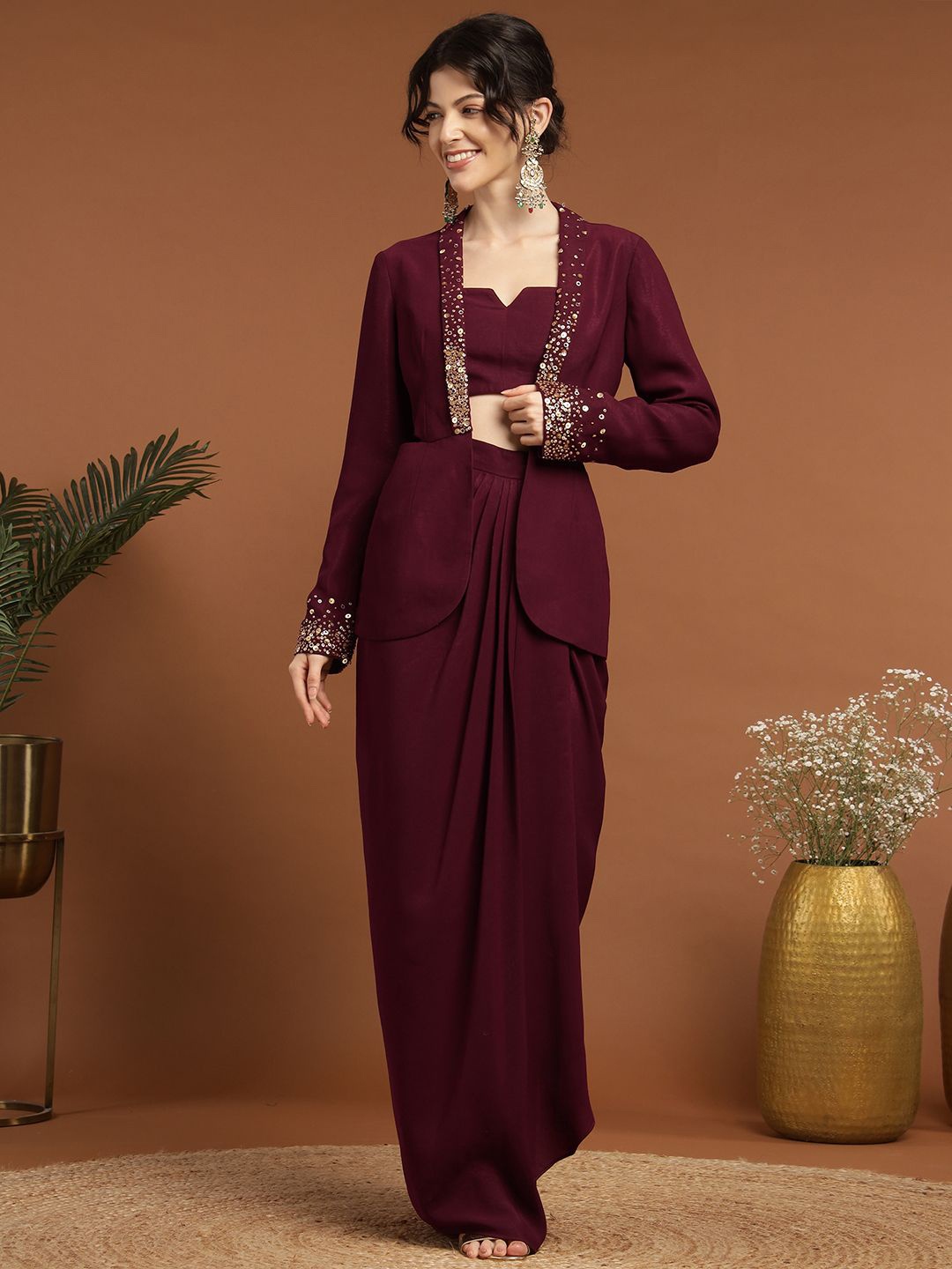 

RIRASA Embroidered Top & Skirt With Jacket Co-Ords, Maroon