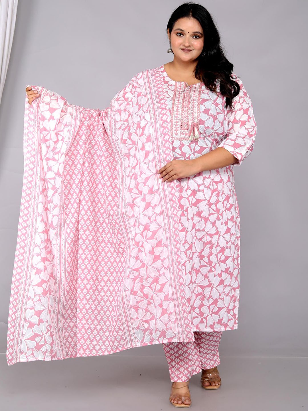 

JC4U Women Ethnic Motifs Printed Regular Mirror Work Pure Cotton Kurta with Trousers & With Dupatta, Pink