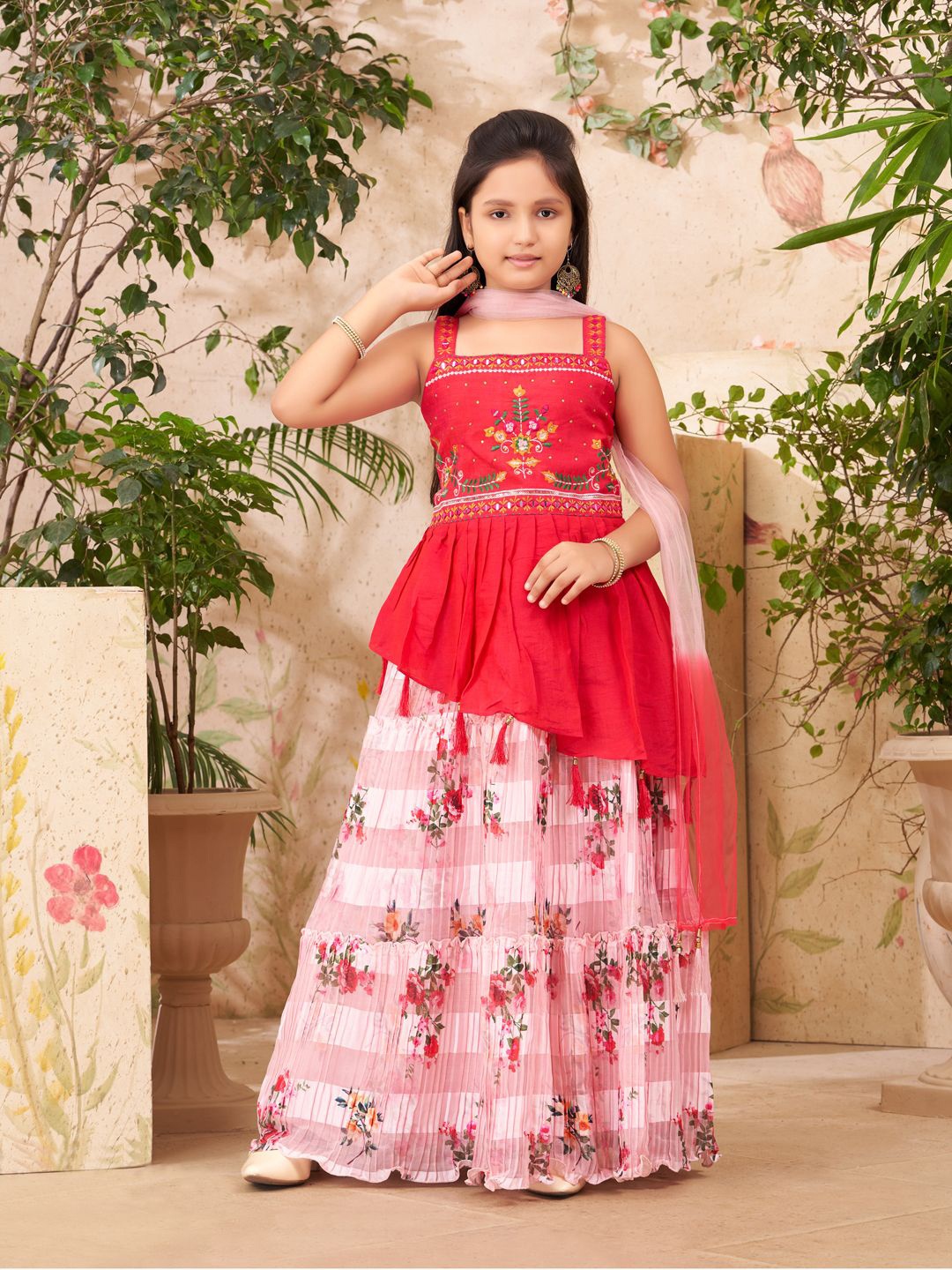 

BAESD Girls Embroidered Ready to Wear Lehenga & Blouse With Dupatta, Pink