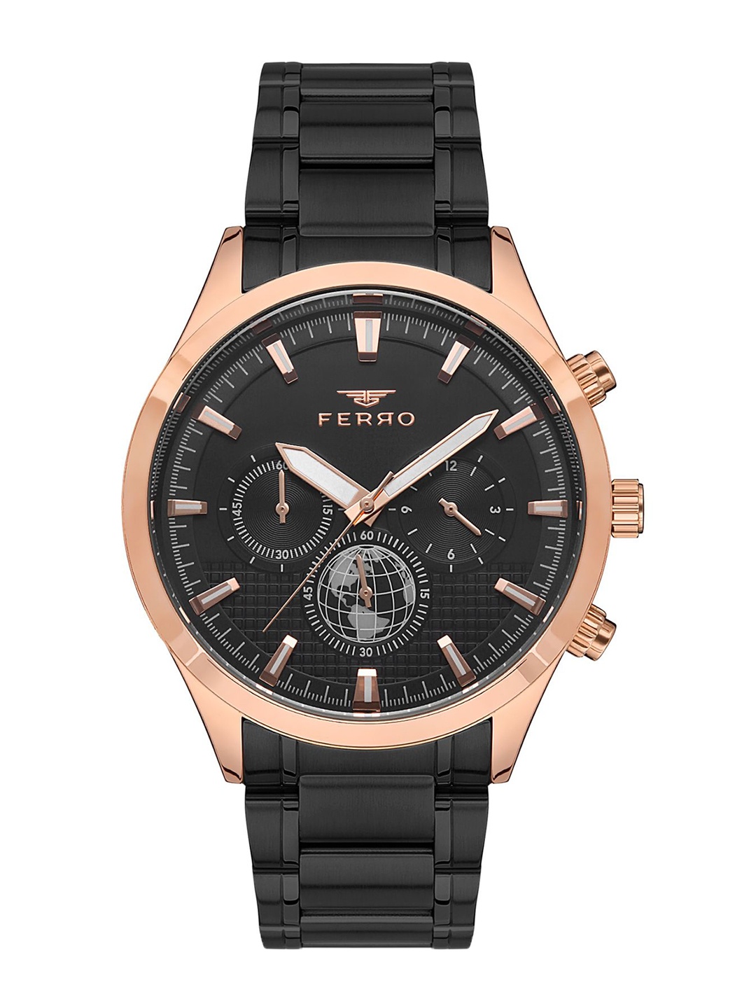 

Ferro Men Brass Dial & Stainless Steel Bracelet Style Straps Analogue Chronograph Watch FM11215A-R, Black