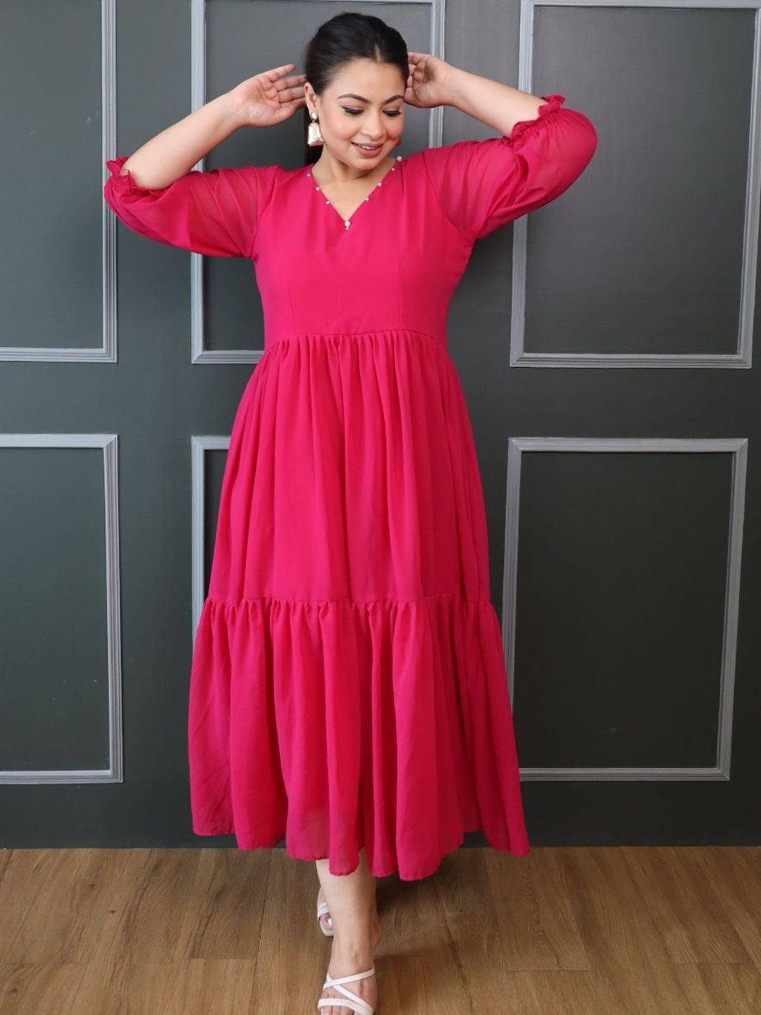 

Swadeshi Shringaar Georgette Fit and Flare Maxi Dress, Fuchsia