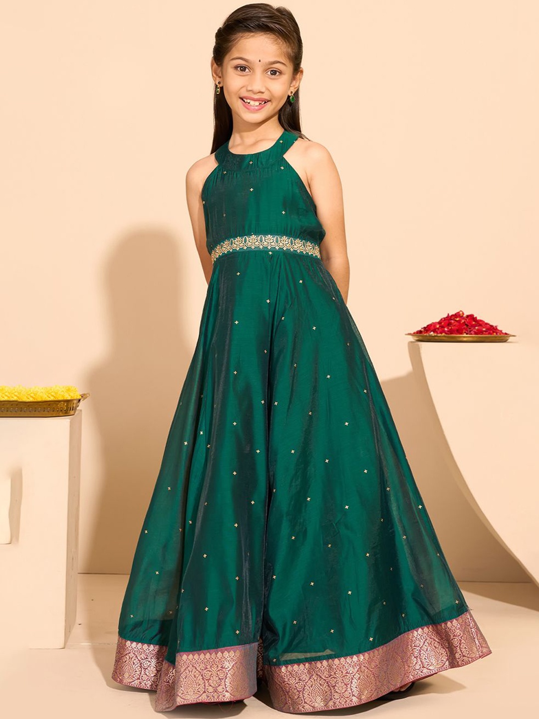 

Maybell Girls Ethnic Embroidered Silk A-Line Anarkali Dress, Green