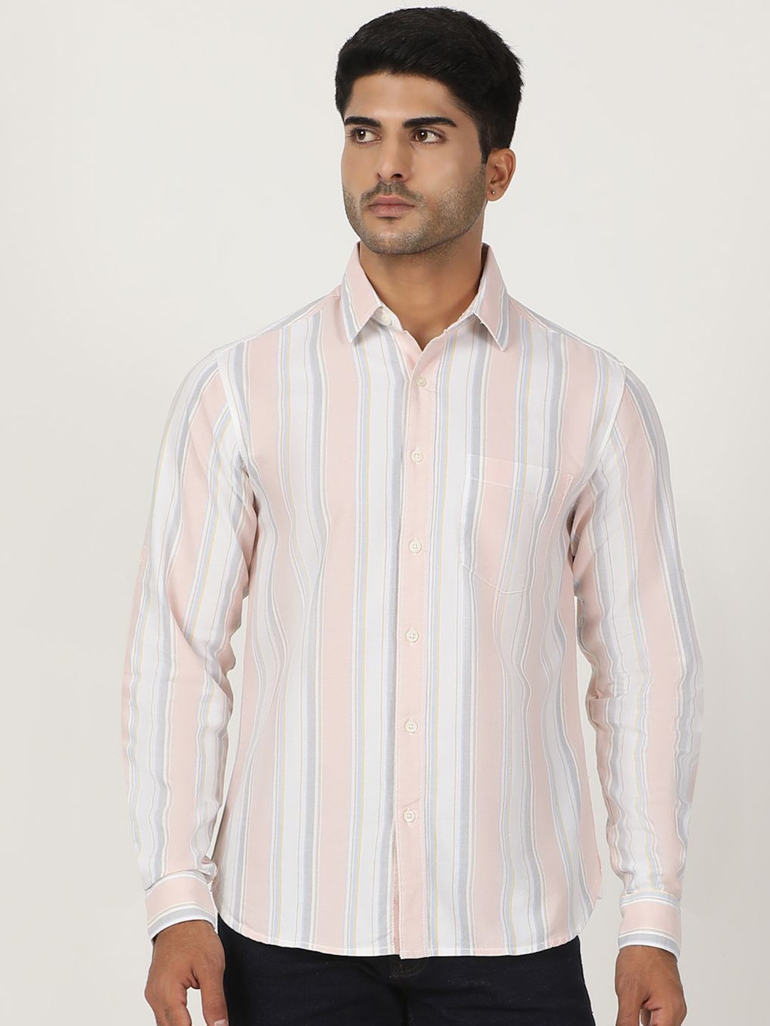 

Greenfibre Men Slim Fit Opaque Striped Casual Shirt, Peach