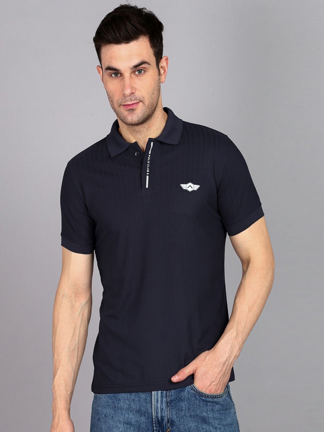 

Metronaut Men Self Design Polo Collar T-shirt, Navy blue