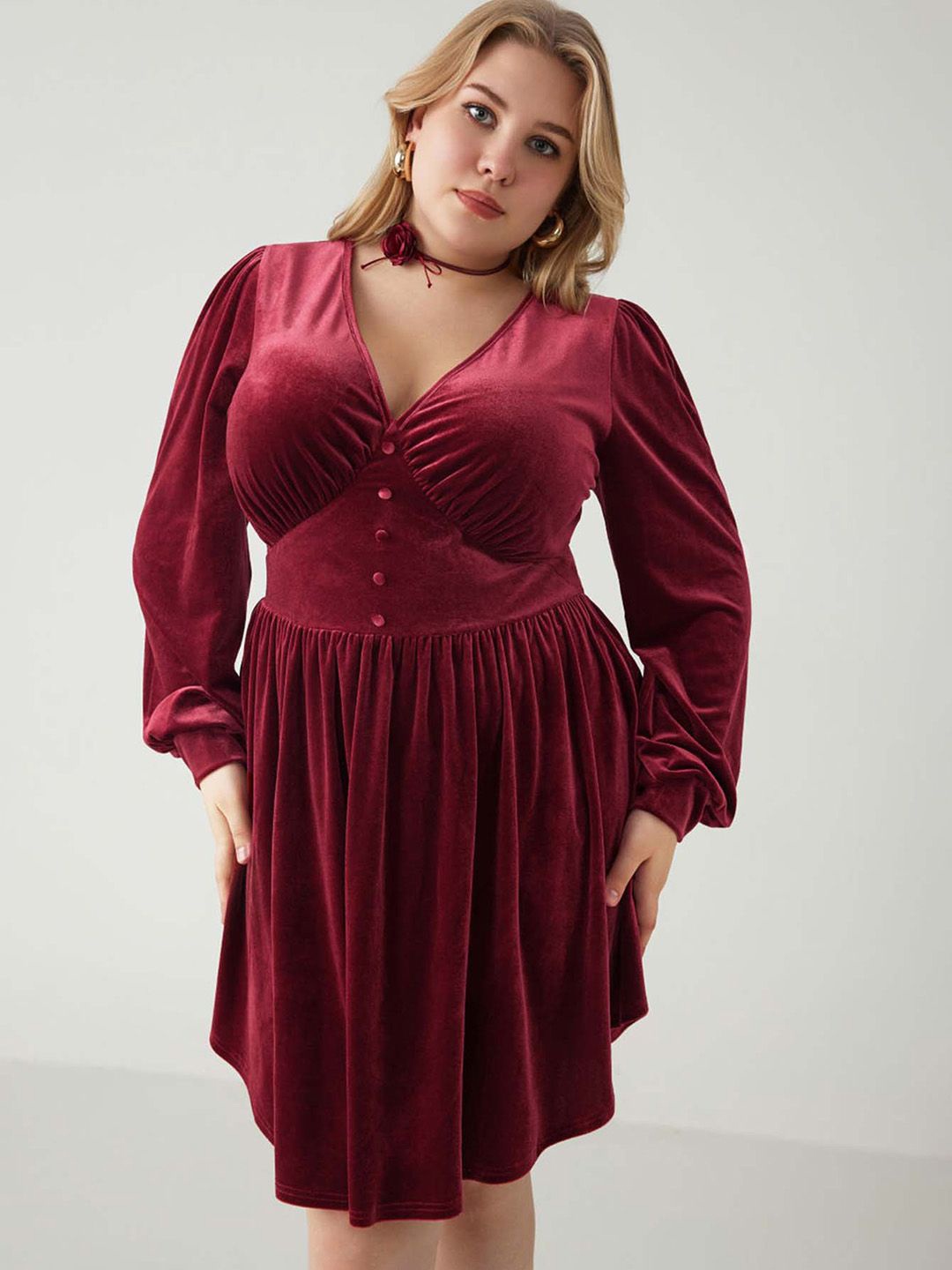 

JC Mode Women Plus Size Cuffed Sleeves Fit & Flare Dress, Maroon