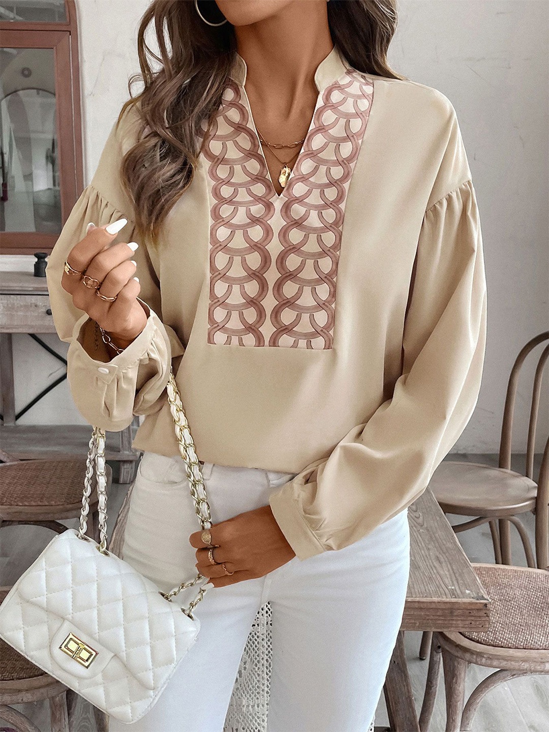 

StyleCast Geometric Print Mandarin Collar Top, Beige