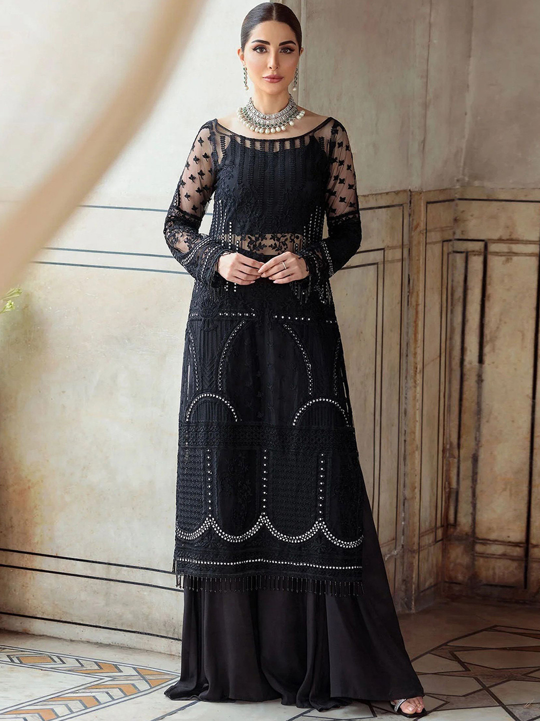 

Jaipur Kurti Embroidered Semi-Stitched Dress Material, Black