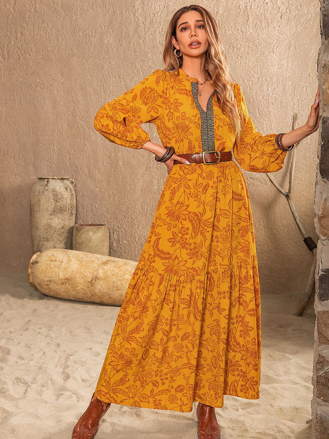 

JC Mode Women Ethnic Motifs Printed Maxi Dress, Yellow