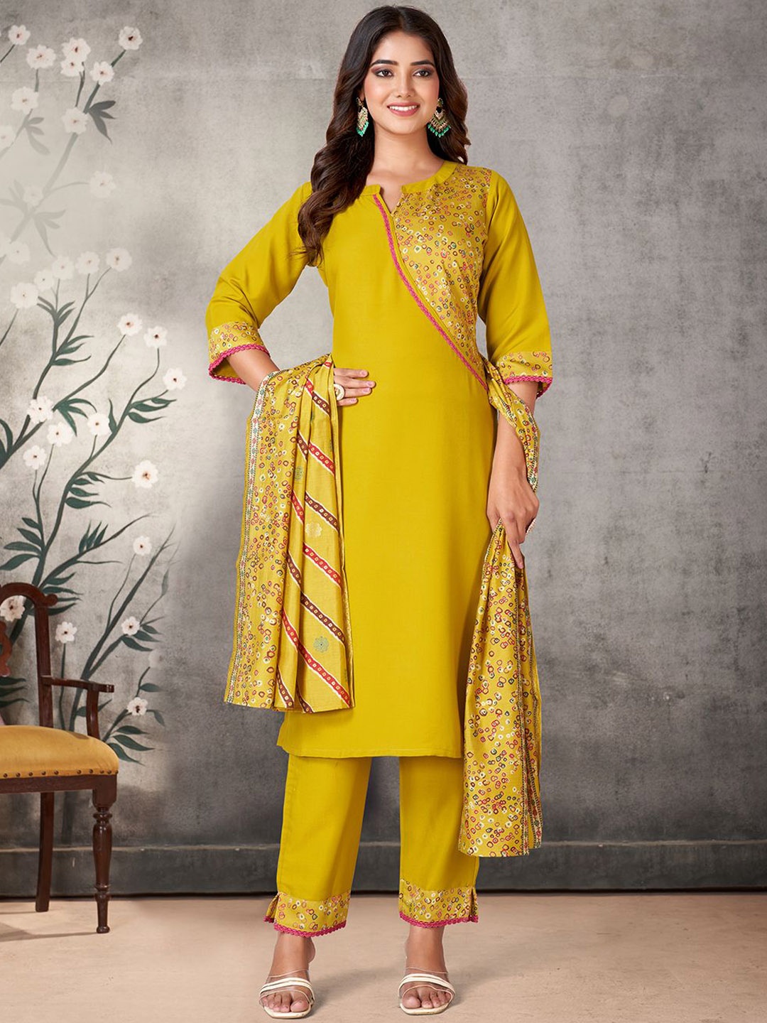 

KALINI Women Ethnic Motifs Printed Regular Kurta with Trousers & With Dupatta, Yellow