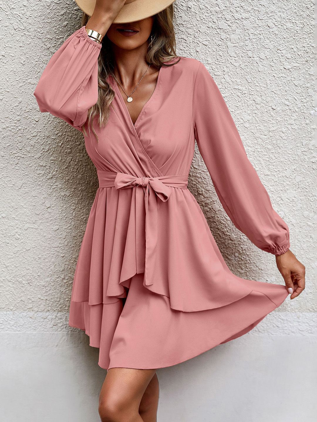 

JC Mode Women Puff Sleeve Wrap Dress, Pink