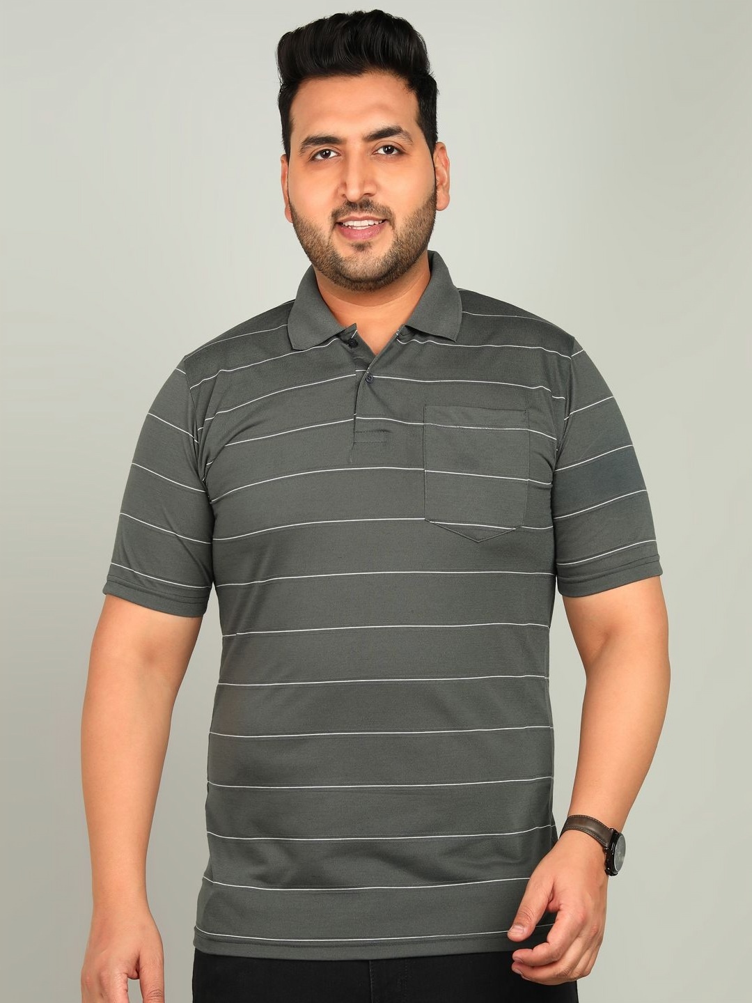 

METRONAUT PLUS Men Plus Size Striped Polo Collar T-shirt, Grey