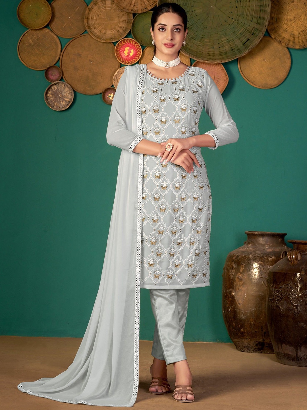 

VARNI FABRICS Embellished Silk Georgette Semi-Stitched Dress Material, Grey