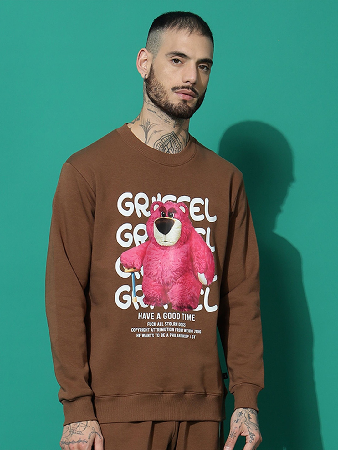 

GRIFFEL Men Printed Long Sleeves Pullover Sweatshirt, Coffee brown