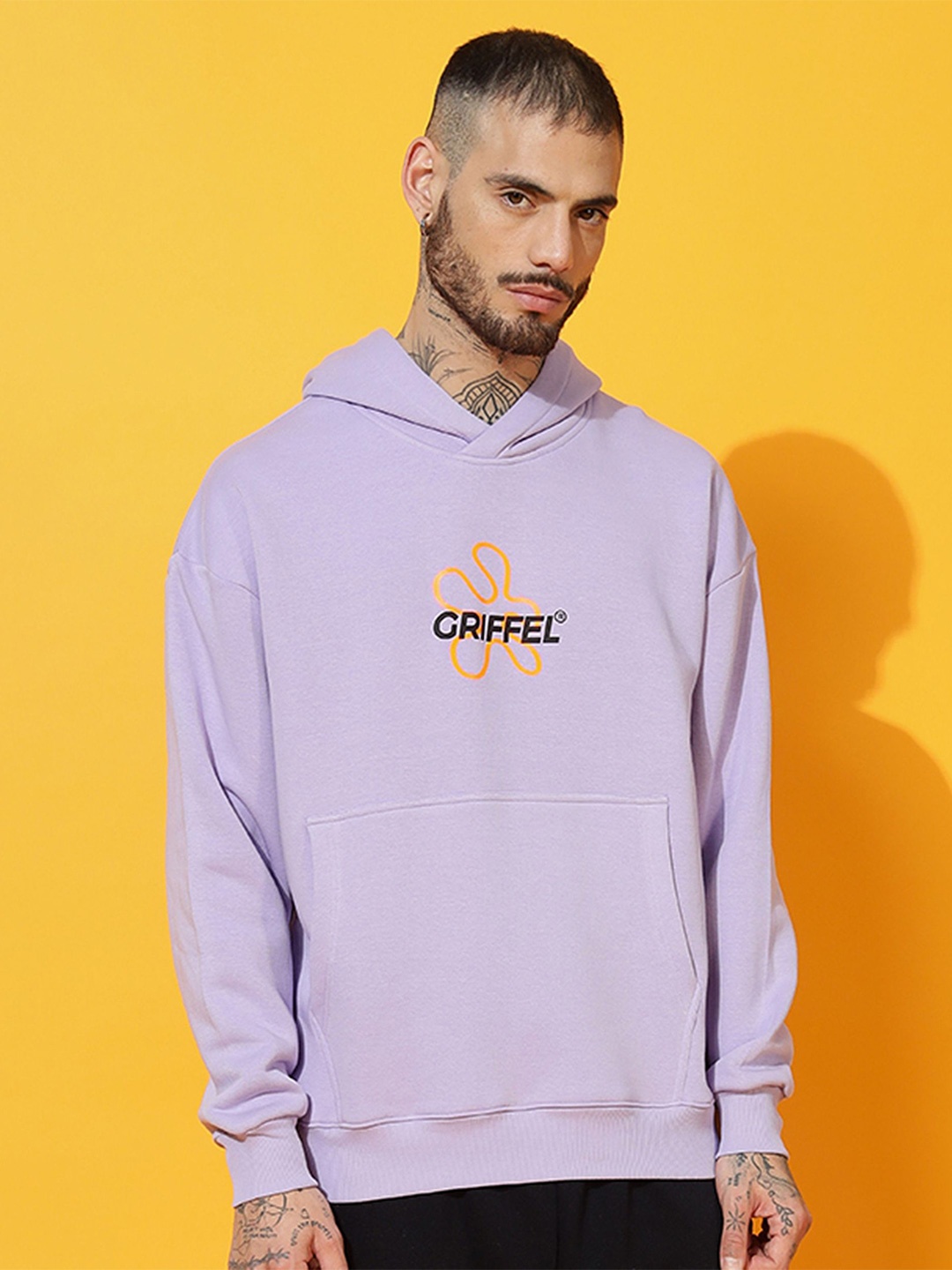 

GRIFFEL Men Printed Hooded Pullover Sweatshirt, Mauve