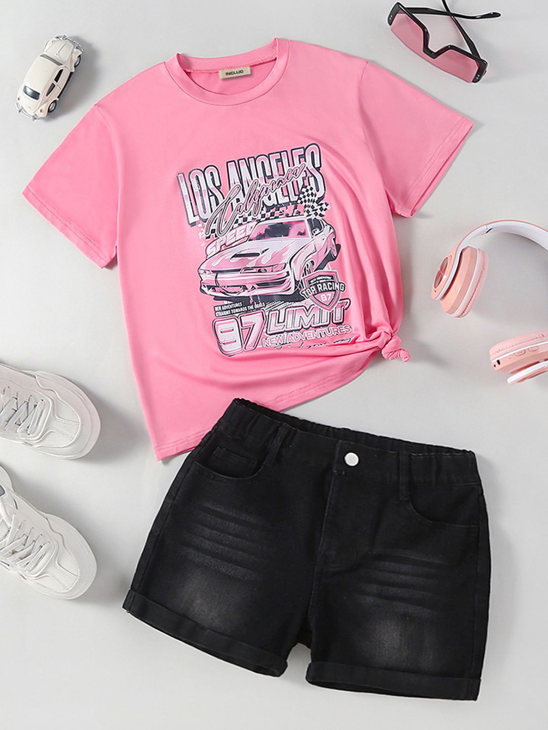 

INCLUD Girls Printed T-shirt with Shorts, Pink