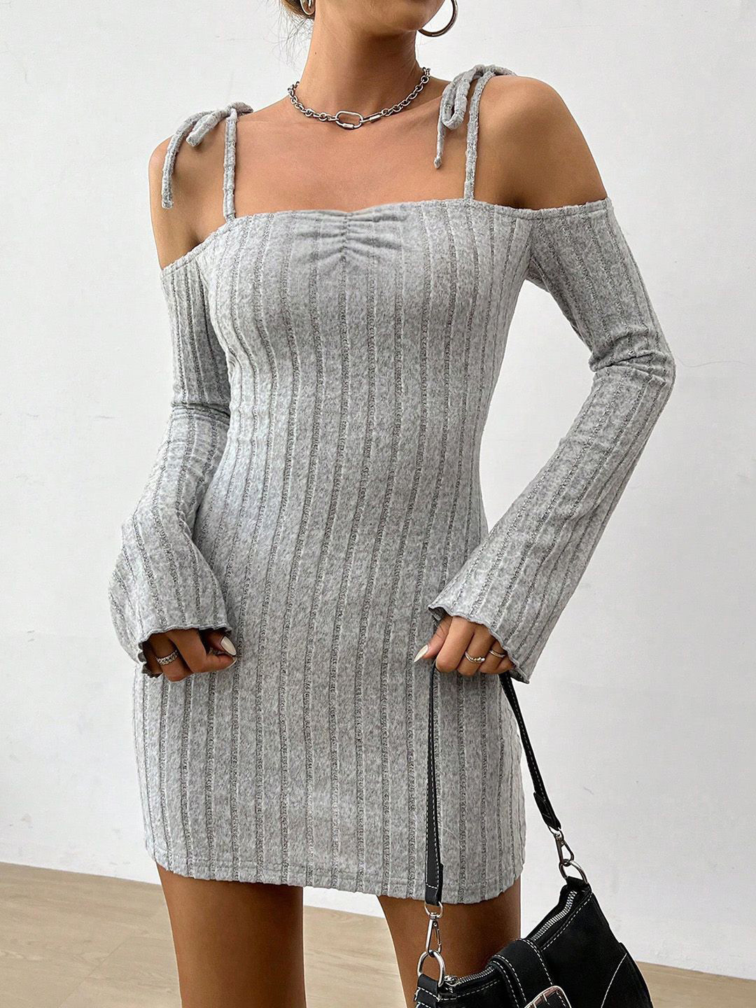 

JC Mode Women Bell Sleeve Shoulder Strep Self Design Bodycon Mini Dress, Grey