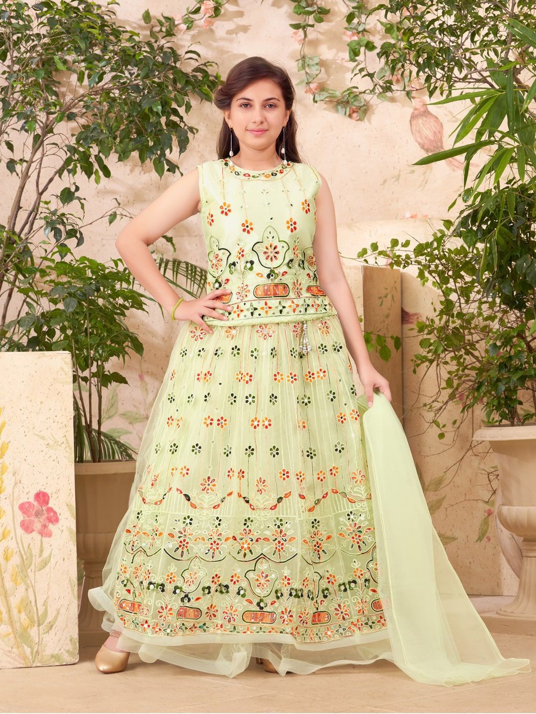 

BAESD Girls Embroidered Ready to Wear Lehenga & Blouse With Dupatta, Sea green