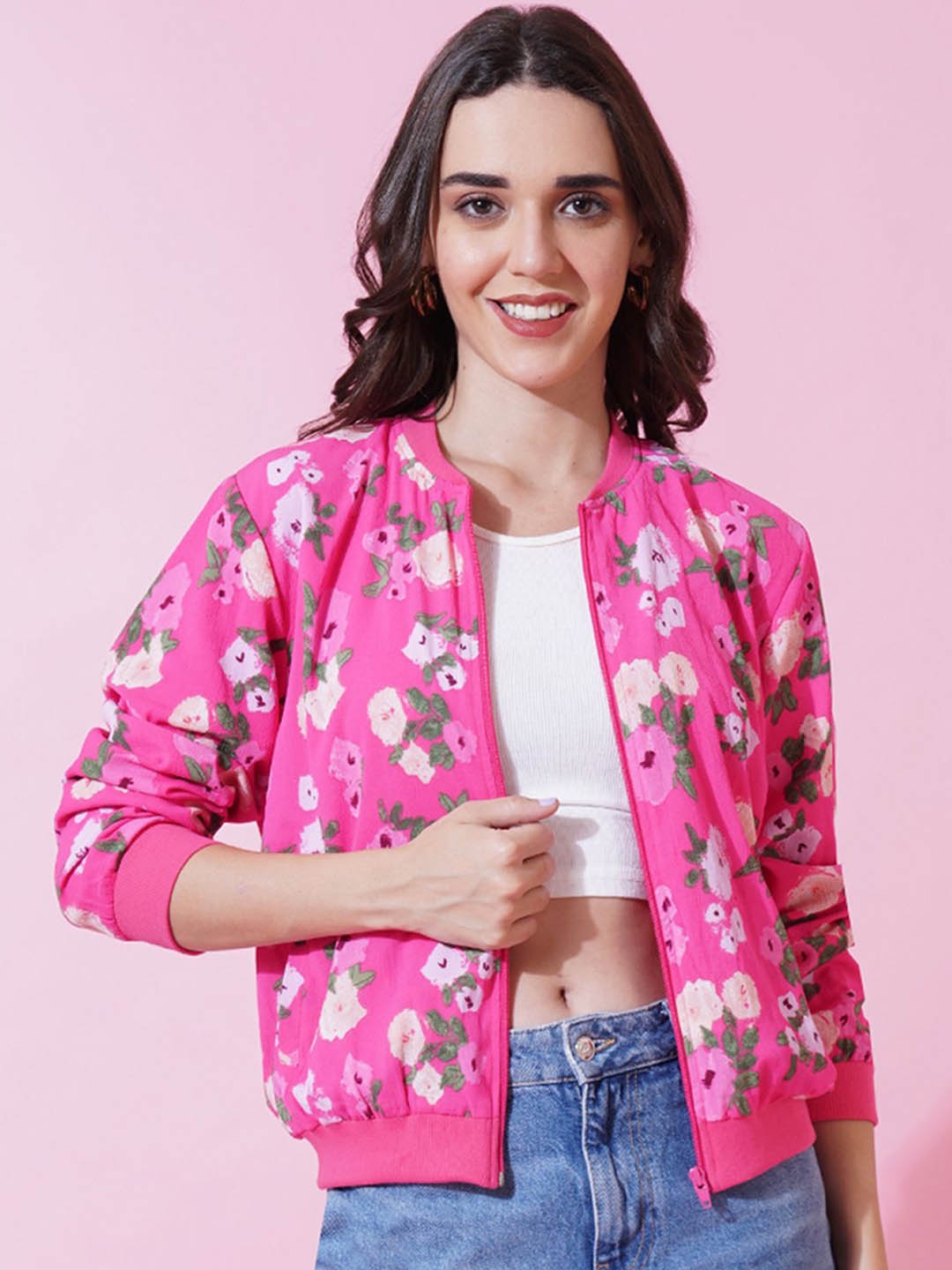 

Mast & Harbour Women Floral Lightweight Bomber Jacket, Pink