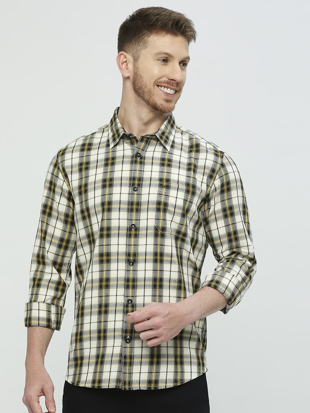 

Basics Men Slim Fit Shepherd Checks Opaque Checked Casual Shirt, Yellow