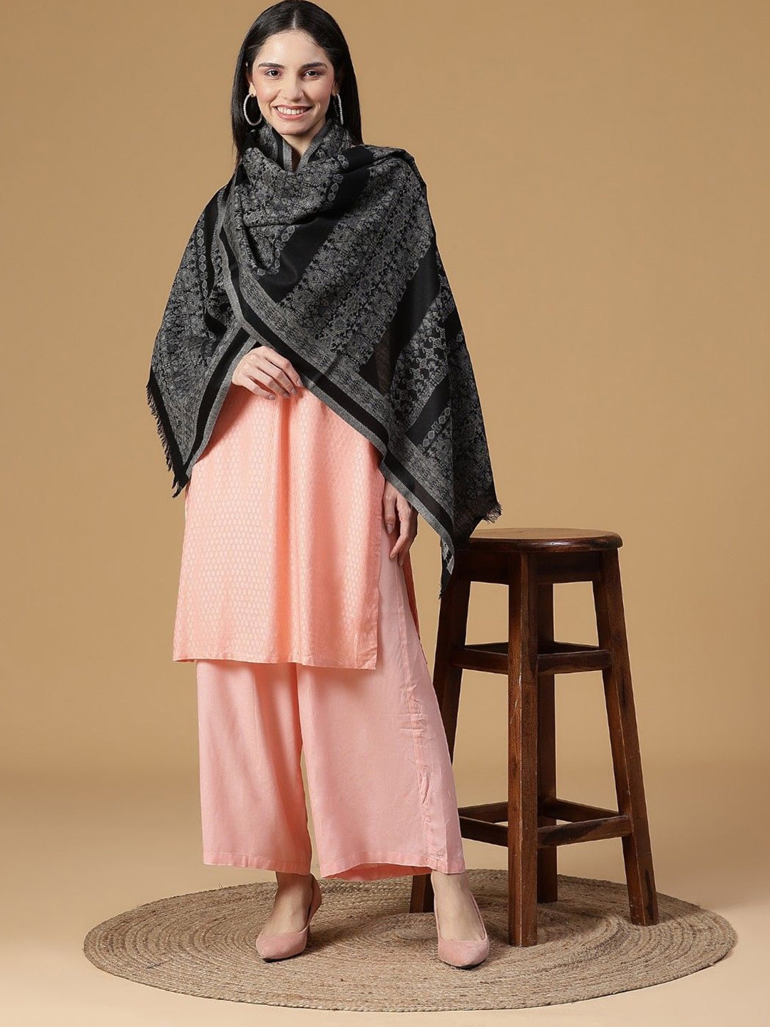 

SHINGORA Women Woven Design Stole, Black