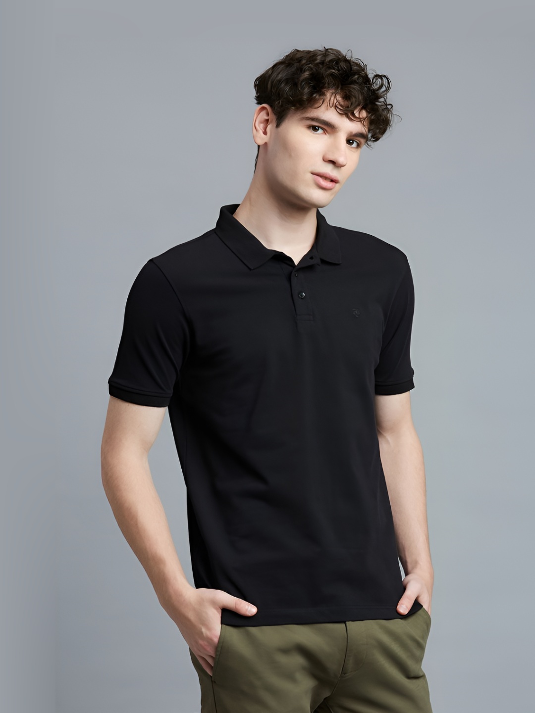 

Reid & Taylor Men Dyed Polo Collar Pockets Slim Fit T-shirt, Black