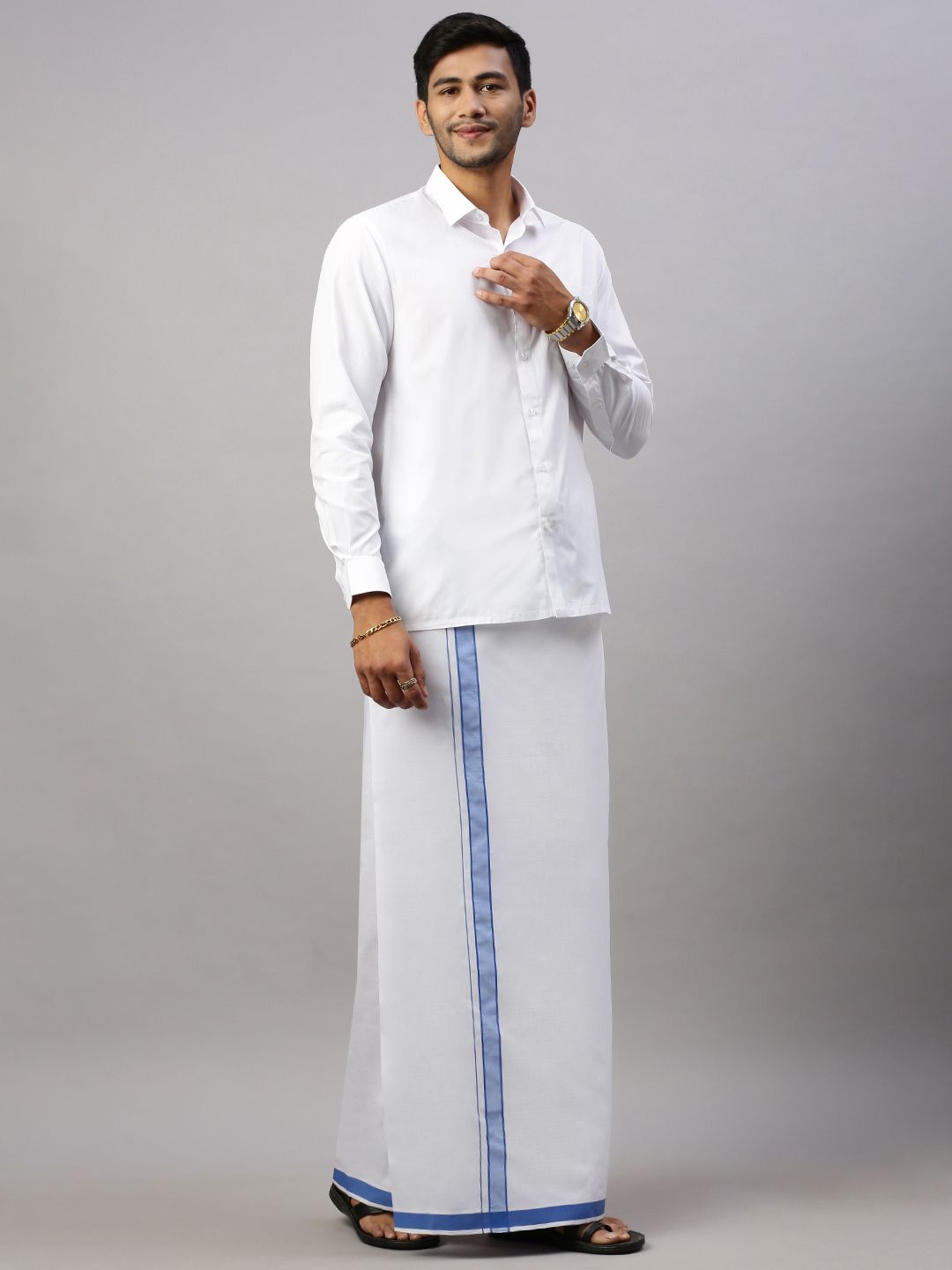 

Ramraj Men Solid Formal Cotton Blend Shirt with Dhoti, White