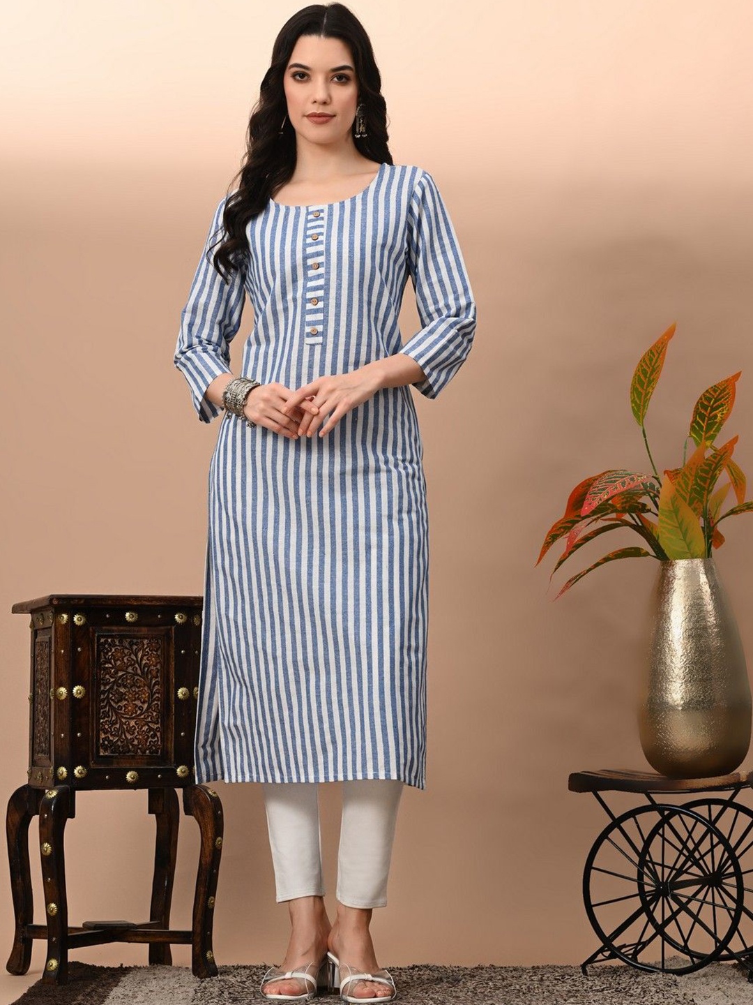 

Kairab Women Striped Flared Sleeves Thread Work Kurta, Blue